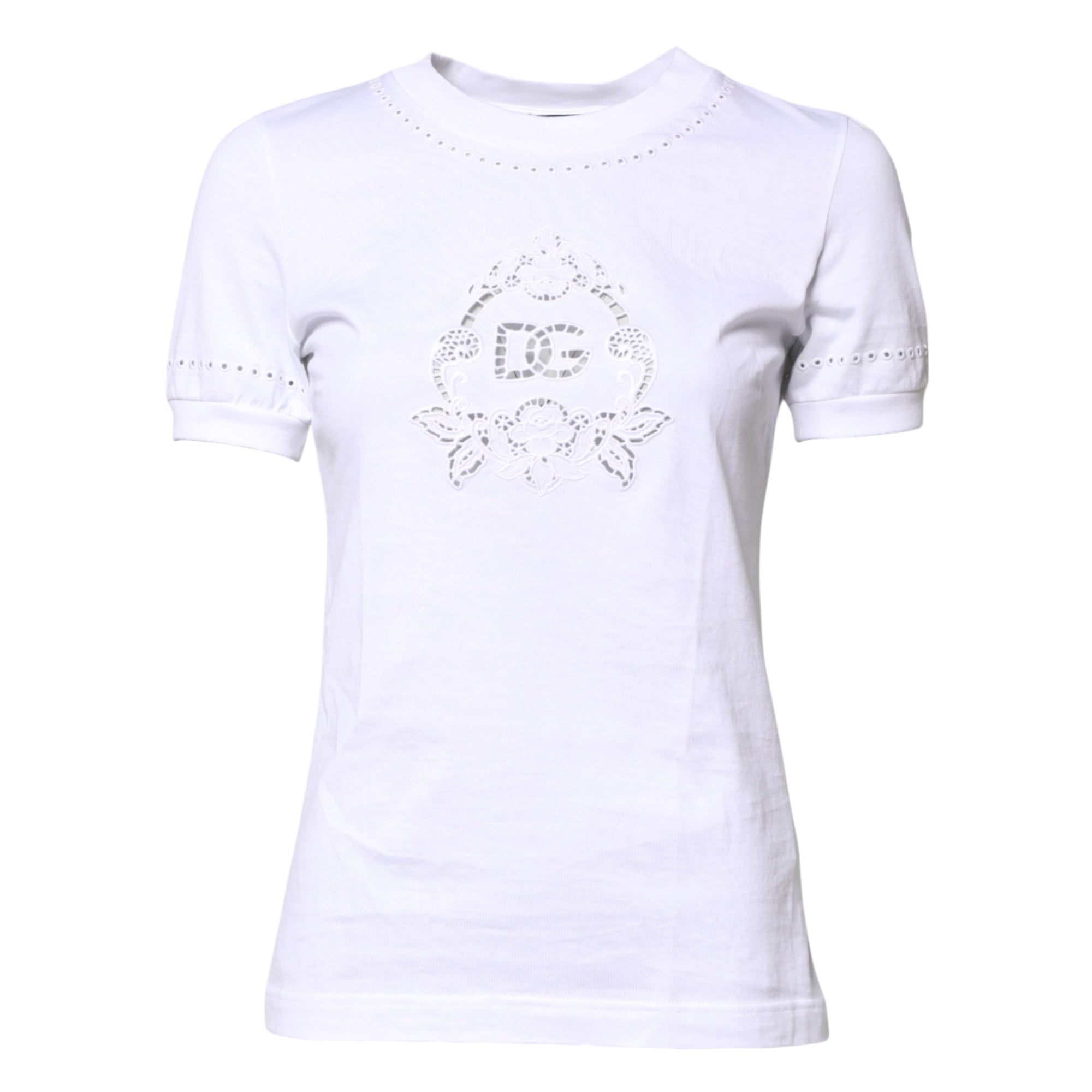 Dolce &amp; Gabbana White Cotton Floral Logo Crew Neck T-shirt