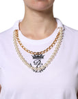 Dolce & Gabbana White Chain Pearl Cotton Round Neck T-shirt
