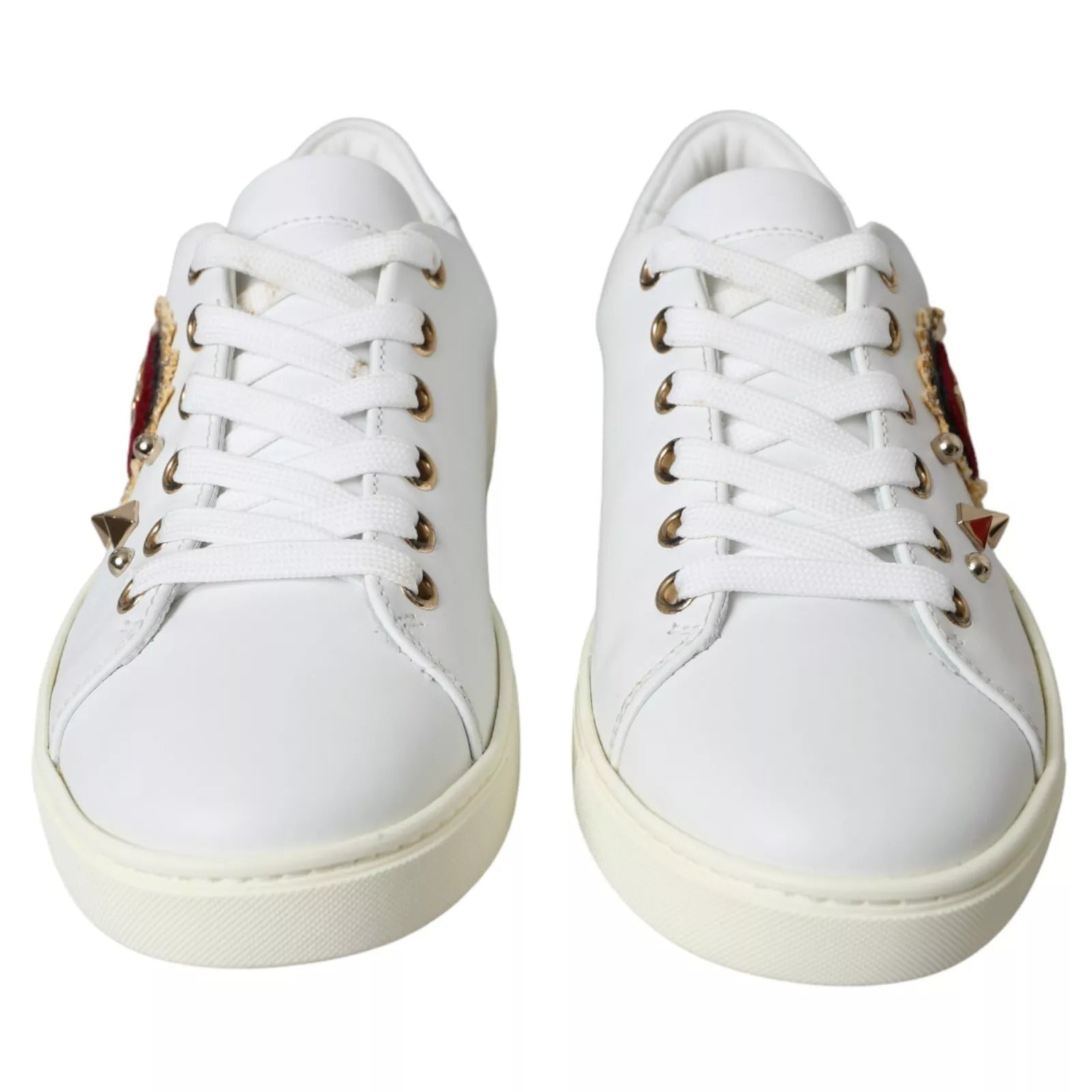 Dolce &amp; Gabbana White Leather Gold Red Heart Sneakers Shoes