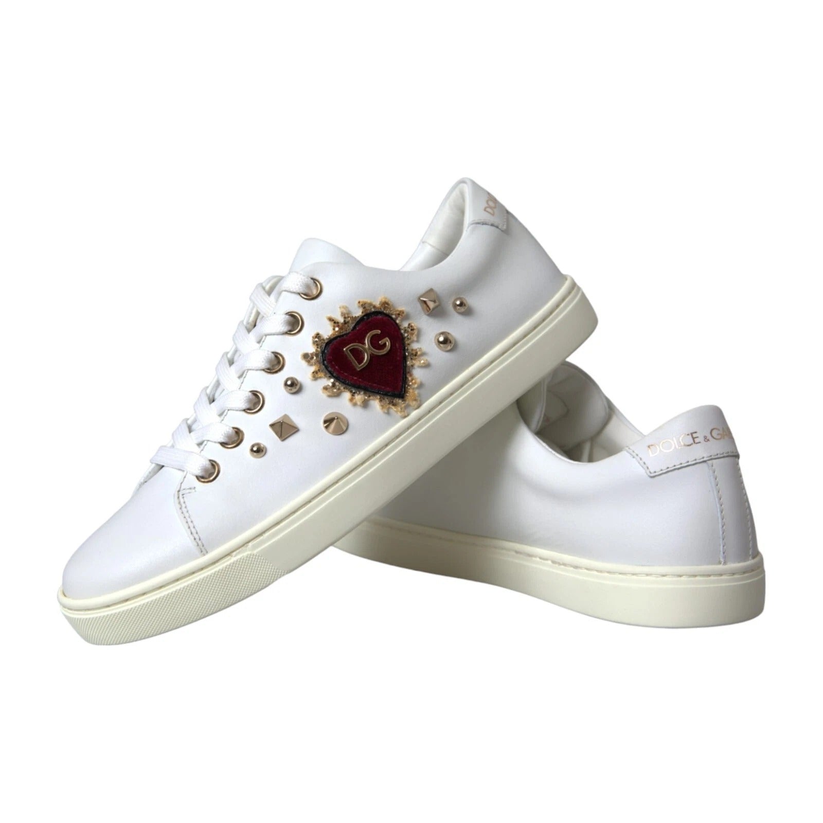 Dolce &amp; Gabbana White Leather Gold Red Heart Sneakers Shoes