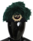 Dolce & Gabbana Green Fur DG Logo Embroidered Cloche Hat