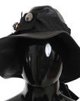 Dolce & Gabbana Black Leather DG Coin Crystal Wide Brim Hat