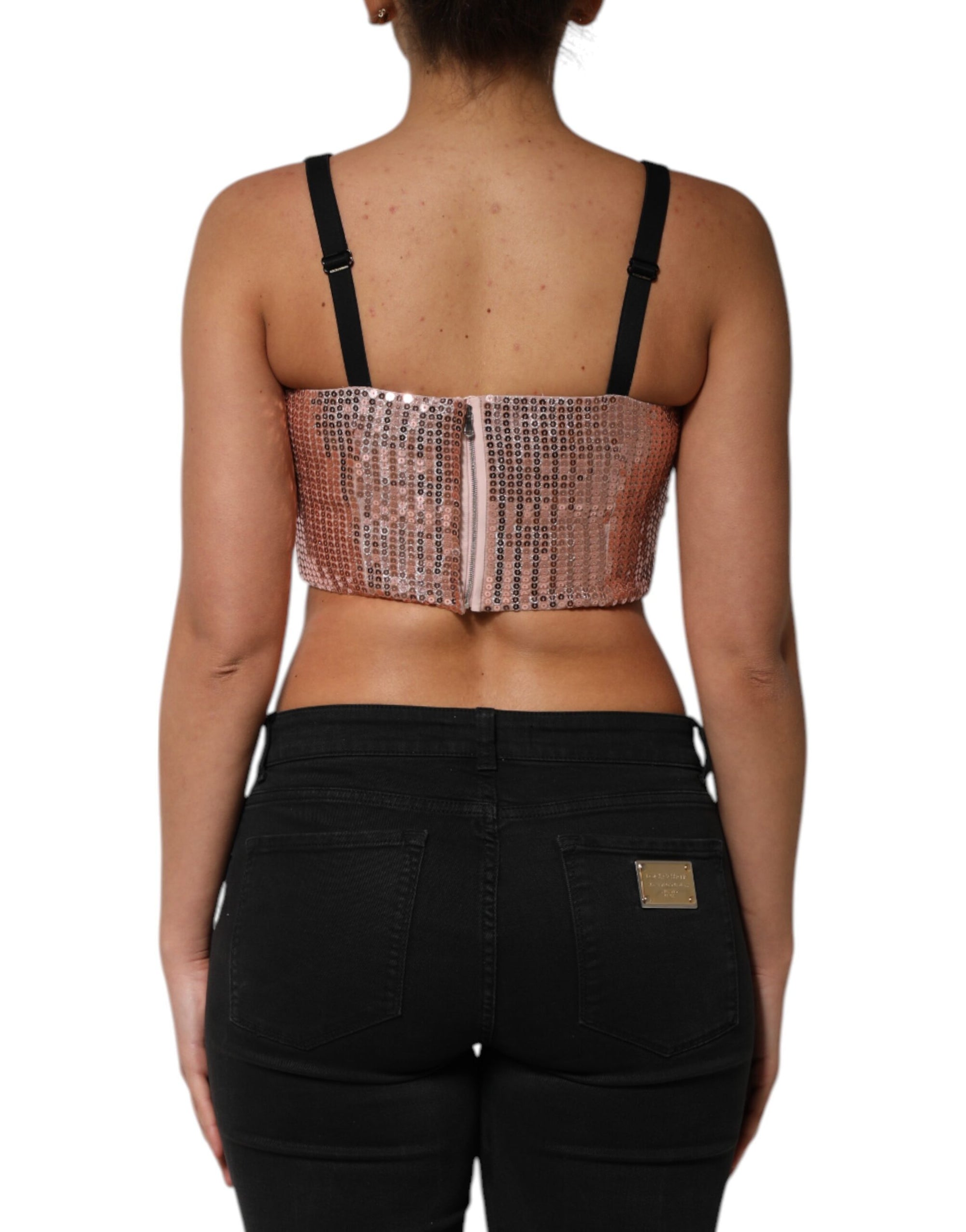 Dolce &amp; Gabbana Pink Sequined Nylon Sleeveless Cropped Top