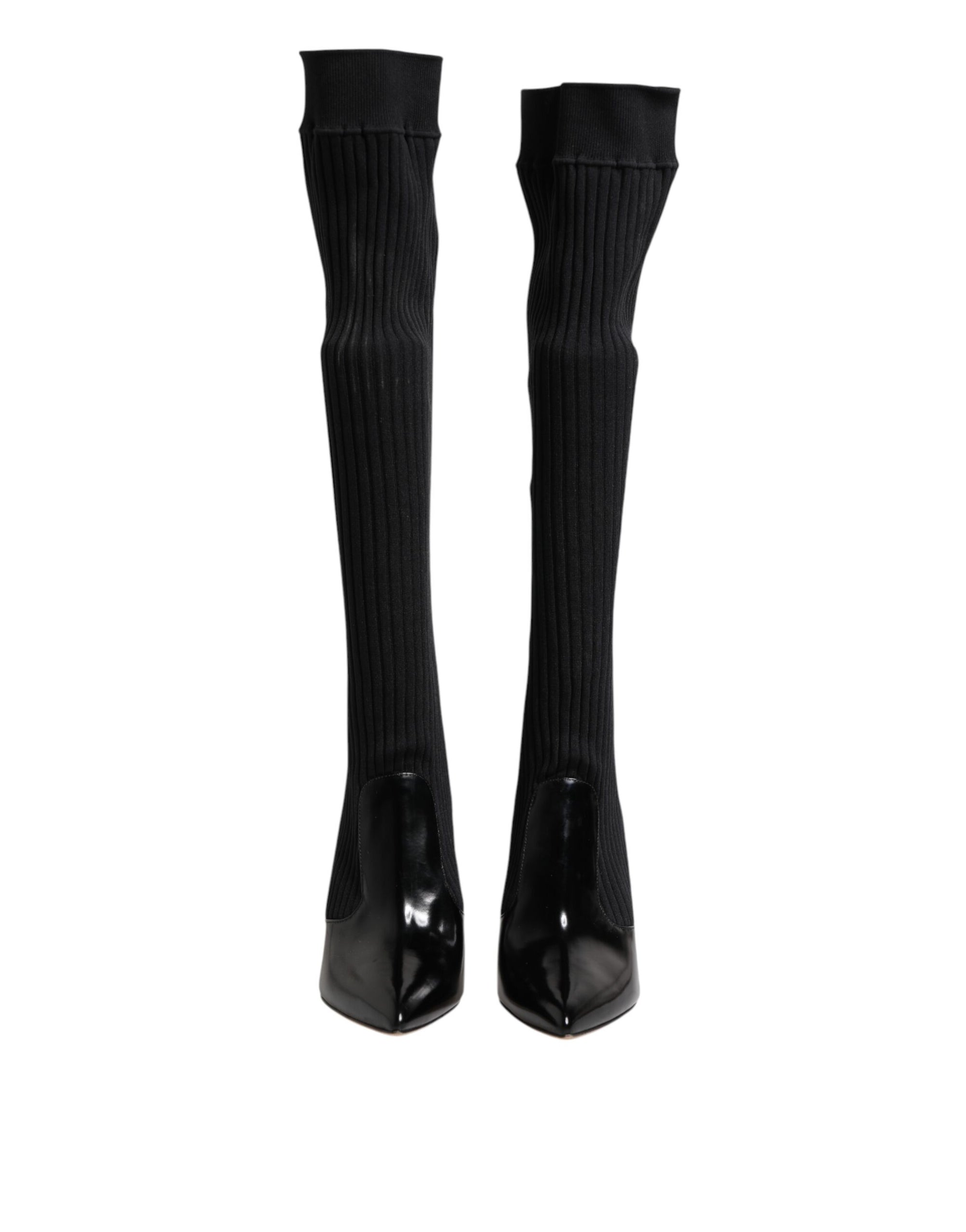 Dolce &amp; Gabbana Black Leather Ribbed Knit Knee Boots Shoes