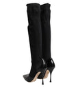 Dolce & Gabbana Black Leather Ribbed Knit Knee Boots Shoes