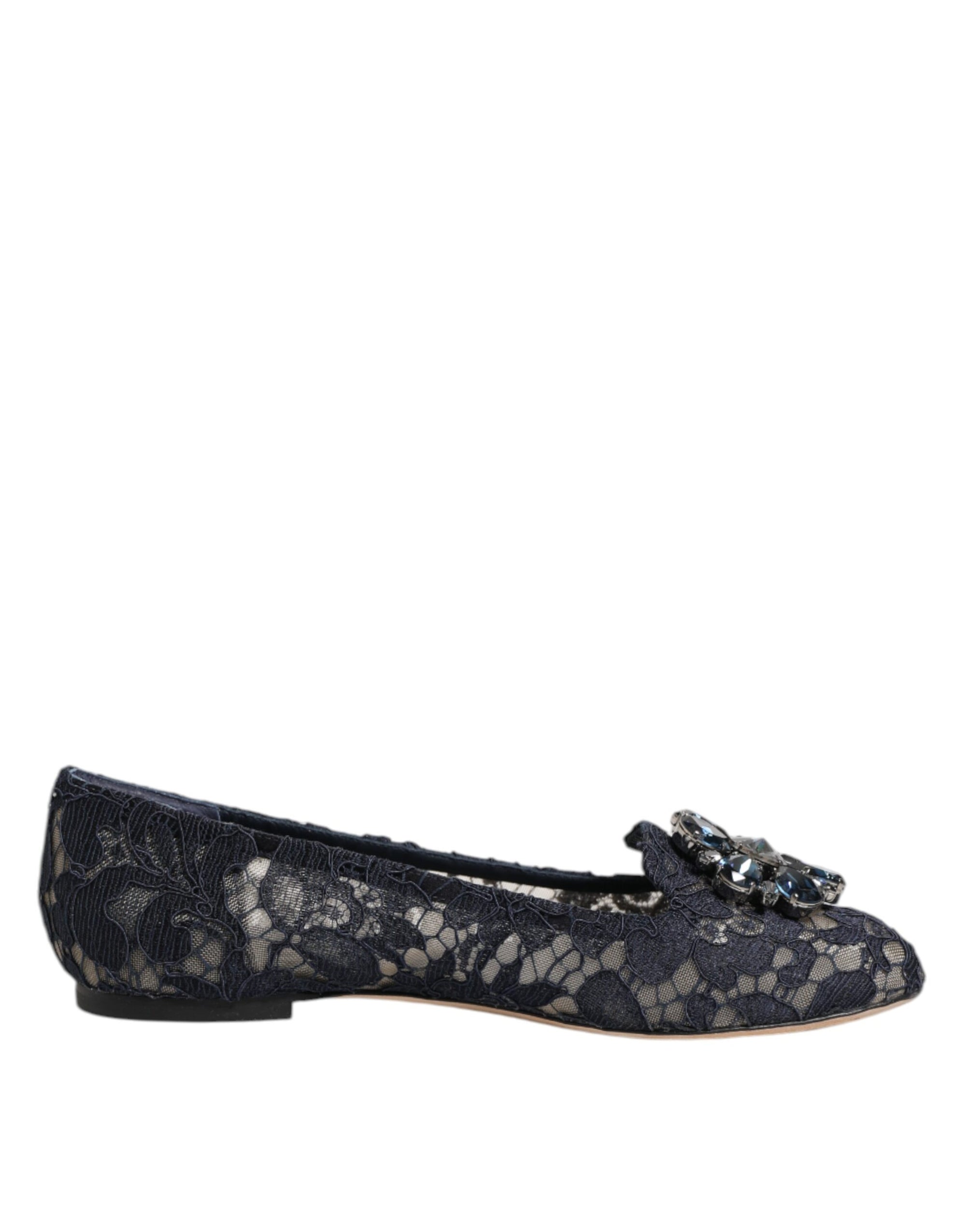 Dolce &amp; Gabbana Blue Taormina Lace Crystals Flats Shoes