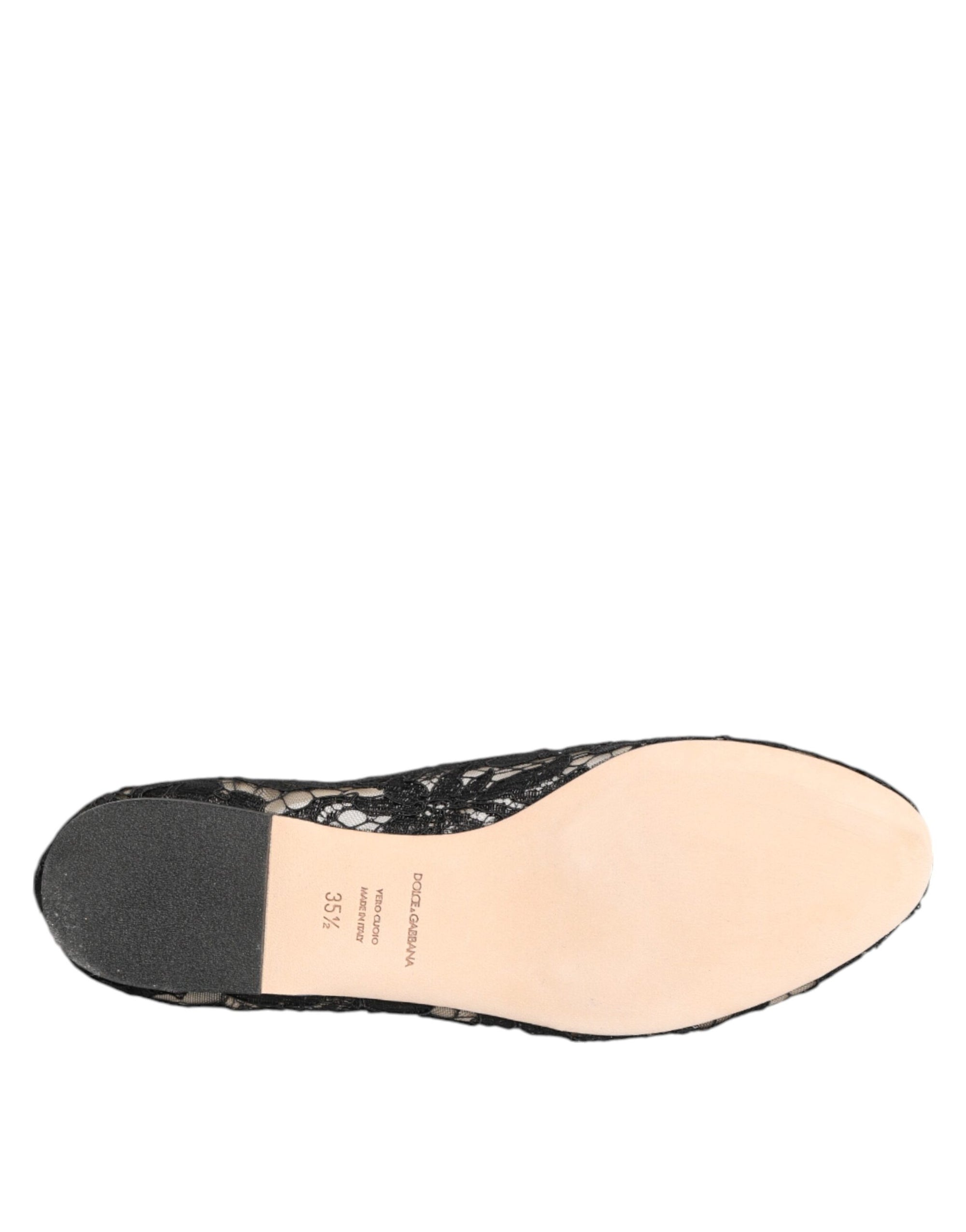 Dolce &amp; Gabbana Black Taormina Lace Crystals Flats Shoes