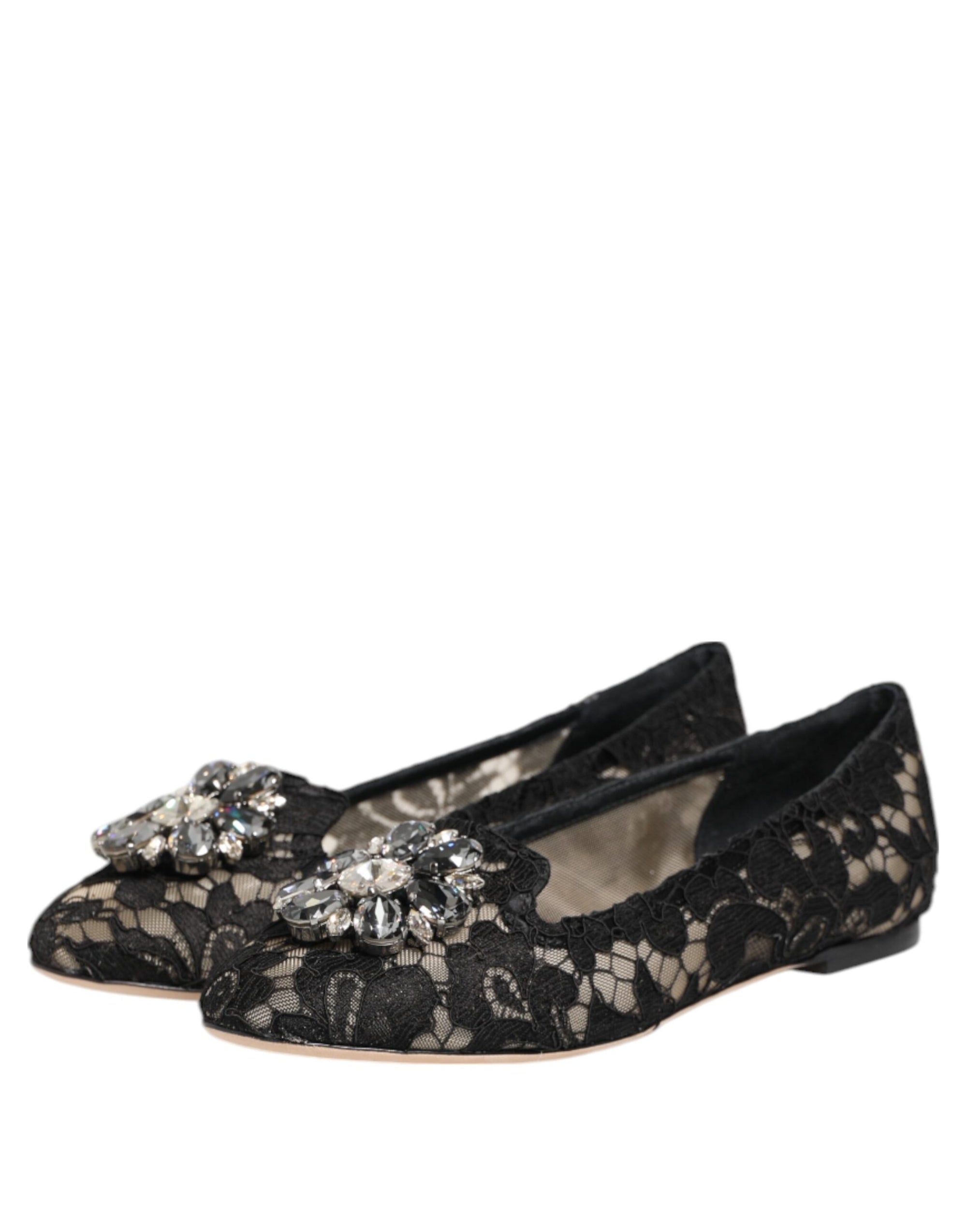 Dolce &amp; Gabbana Black Taormina Lace Crystals Flats Shoes