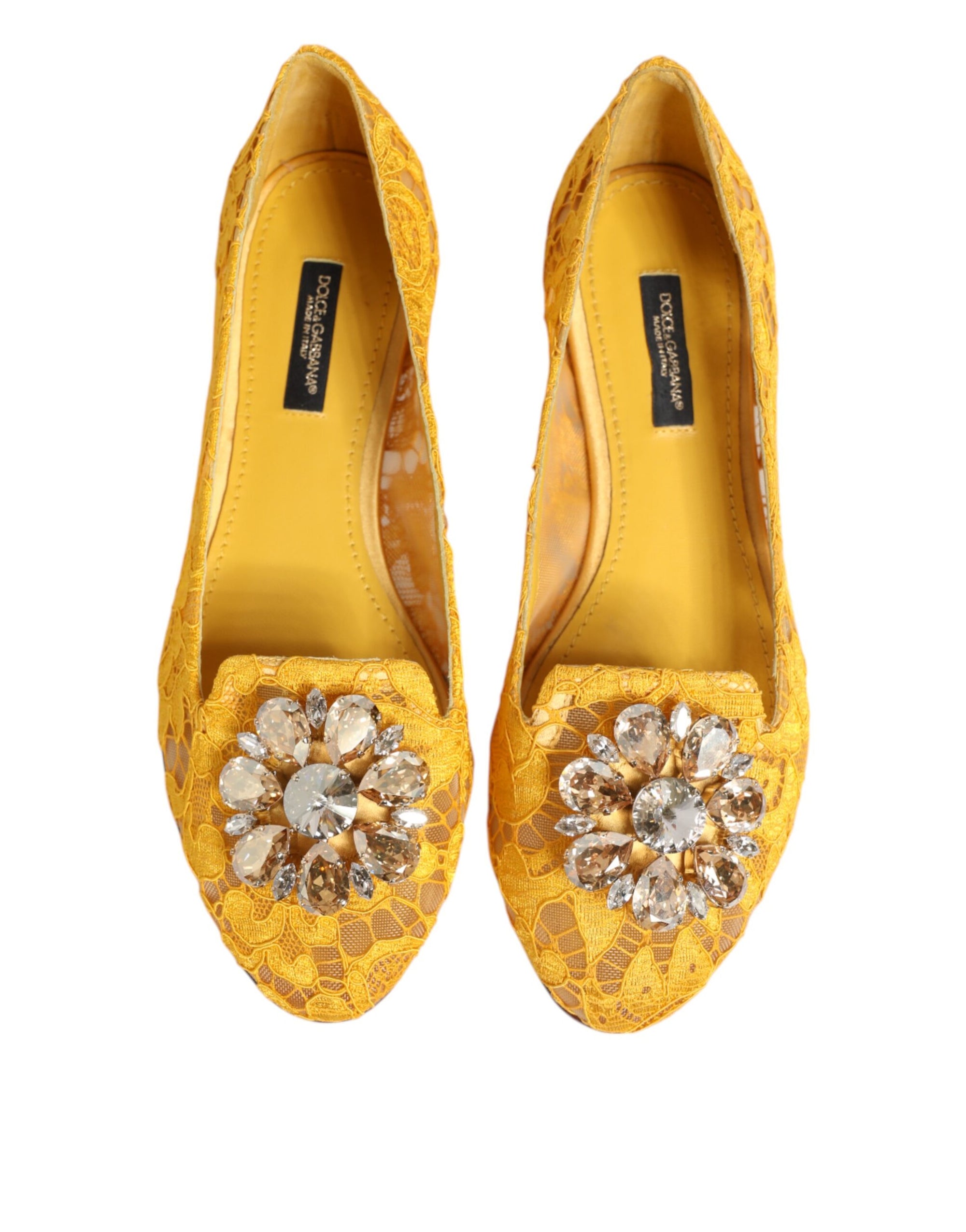 Dolce &amp; Gabbana Yellow Taormina Lace Crystals Flats Shoes