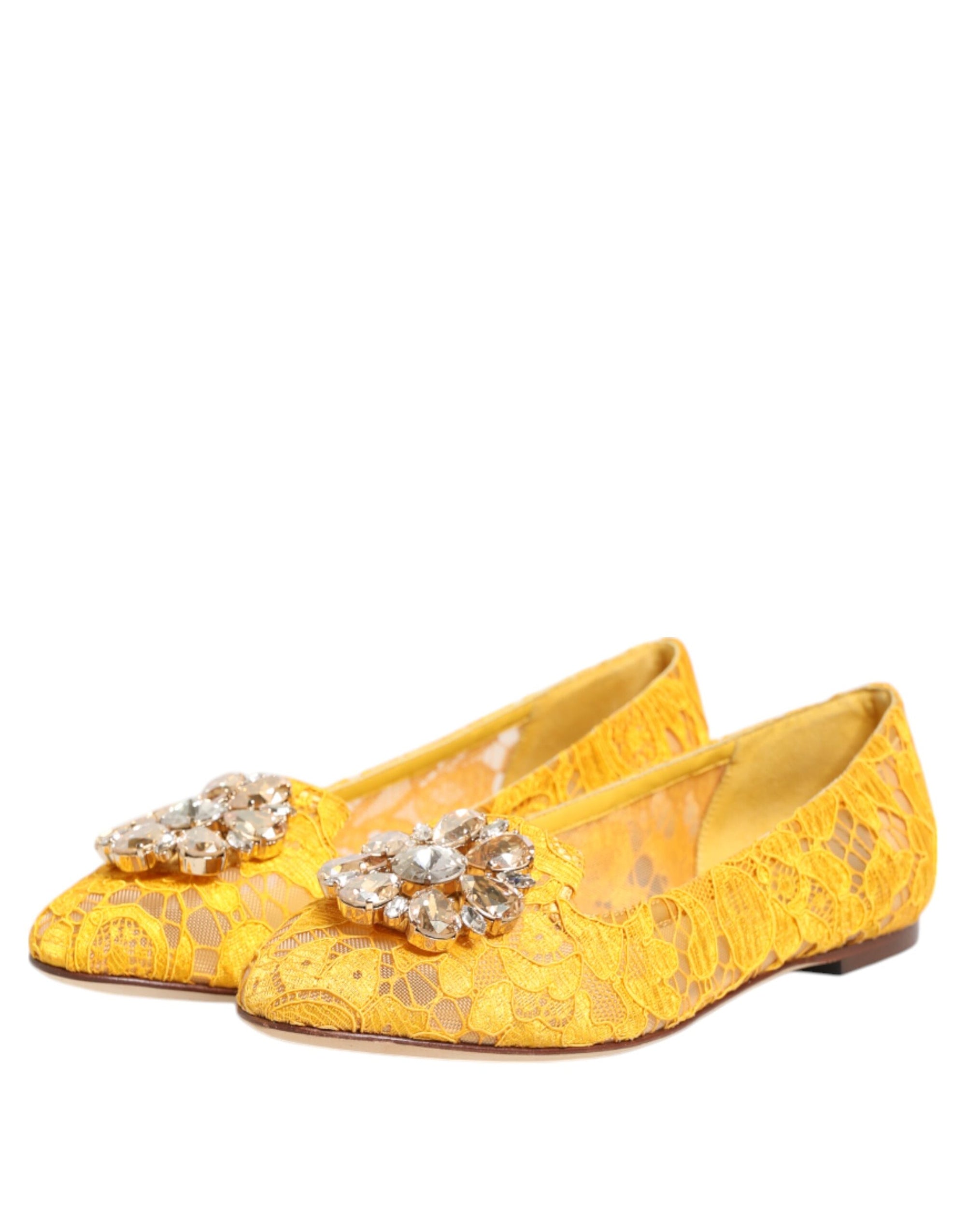 Dolce &amp; Gabbana Yellow Taormina Lace Crystals Flats Shoes