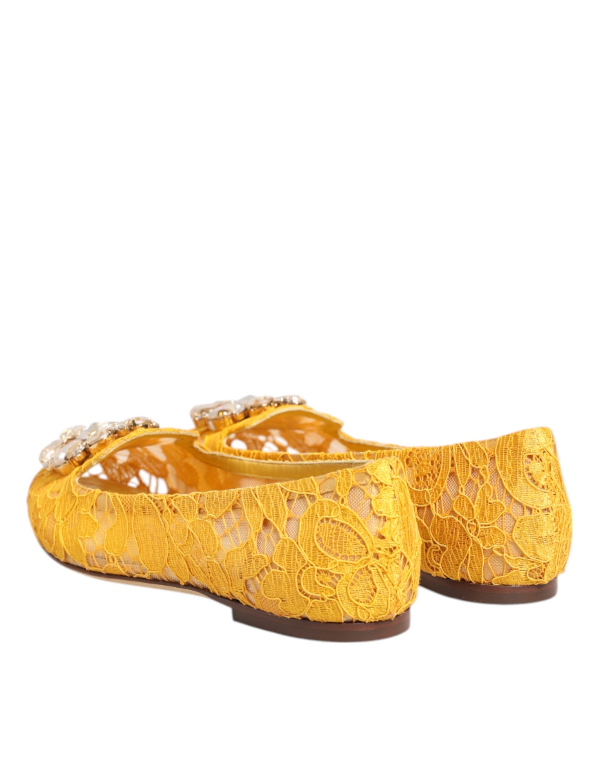 Dolce &amp; Gabbana Yellow Taormina Lace Crystals Flats Shoes