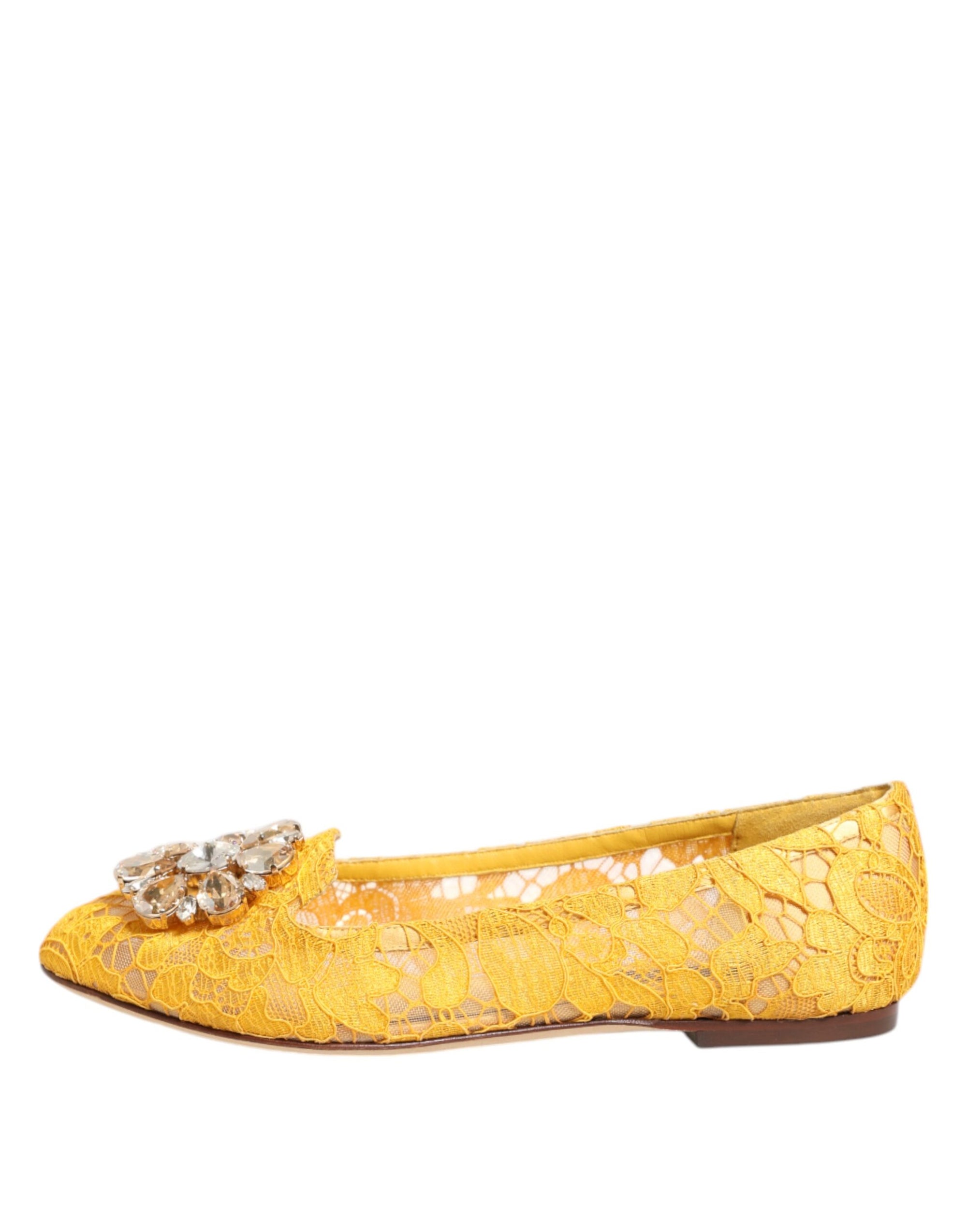 Dolce &amp; Gabbana Yellow Taormina Lace Crystals Flats Shoes