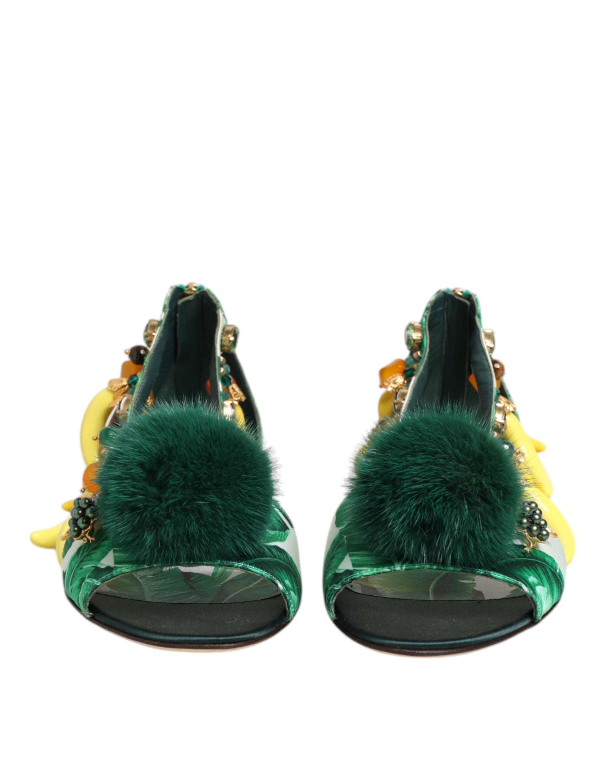 Dolce &amp; Gabbana Green Mink Fur Satin Banana Leaf Sandals Shoes