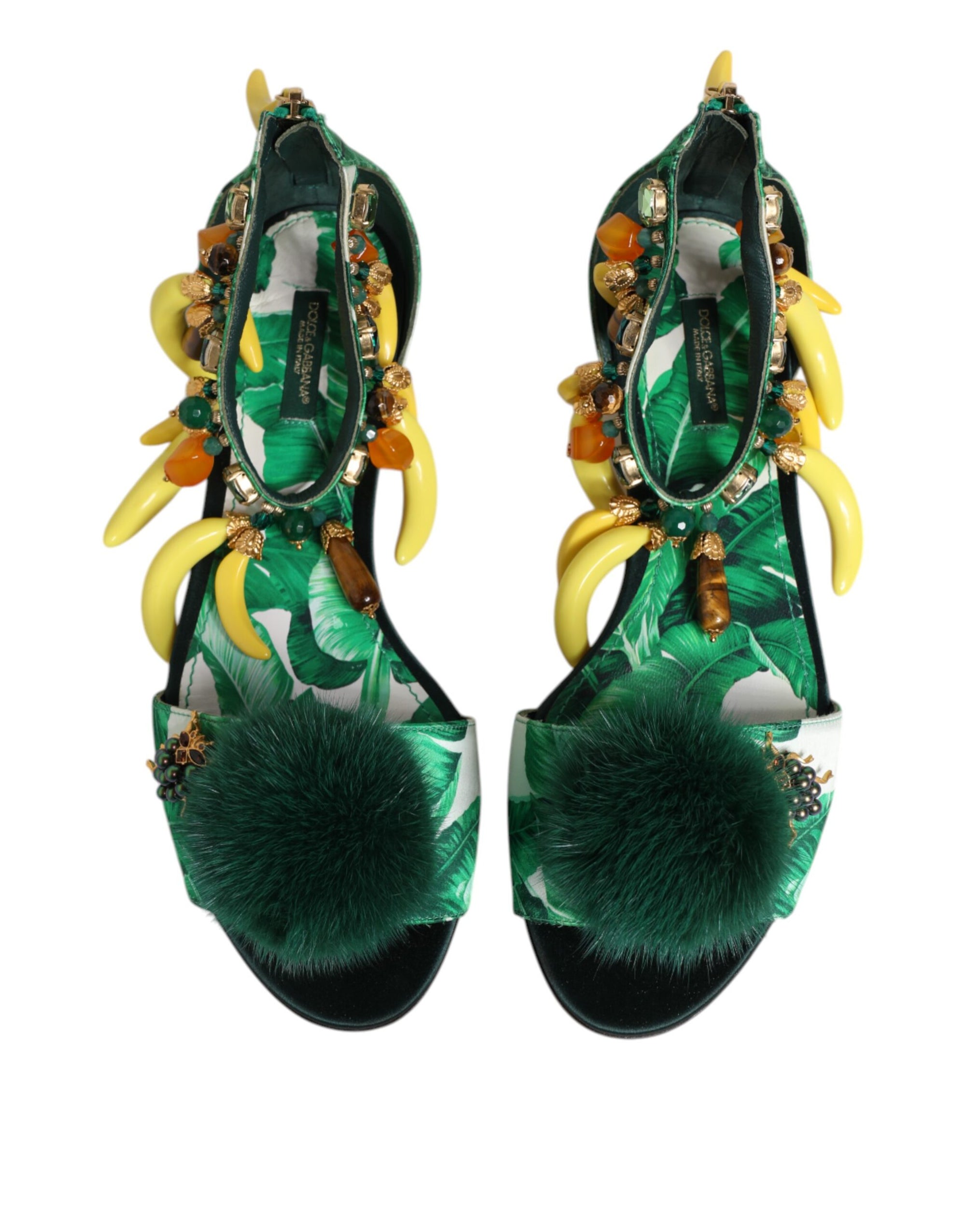 Dolce &amp; Gabbana Green Mink Fur Satin Banana Leaf Sandals Shoes