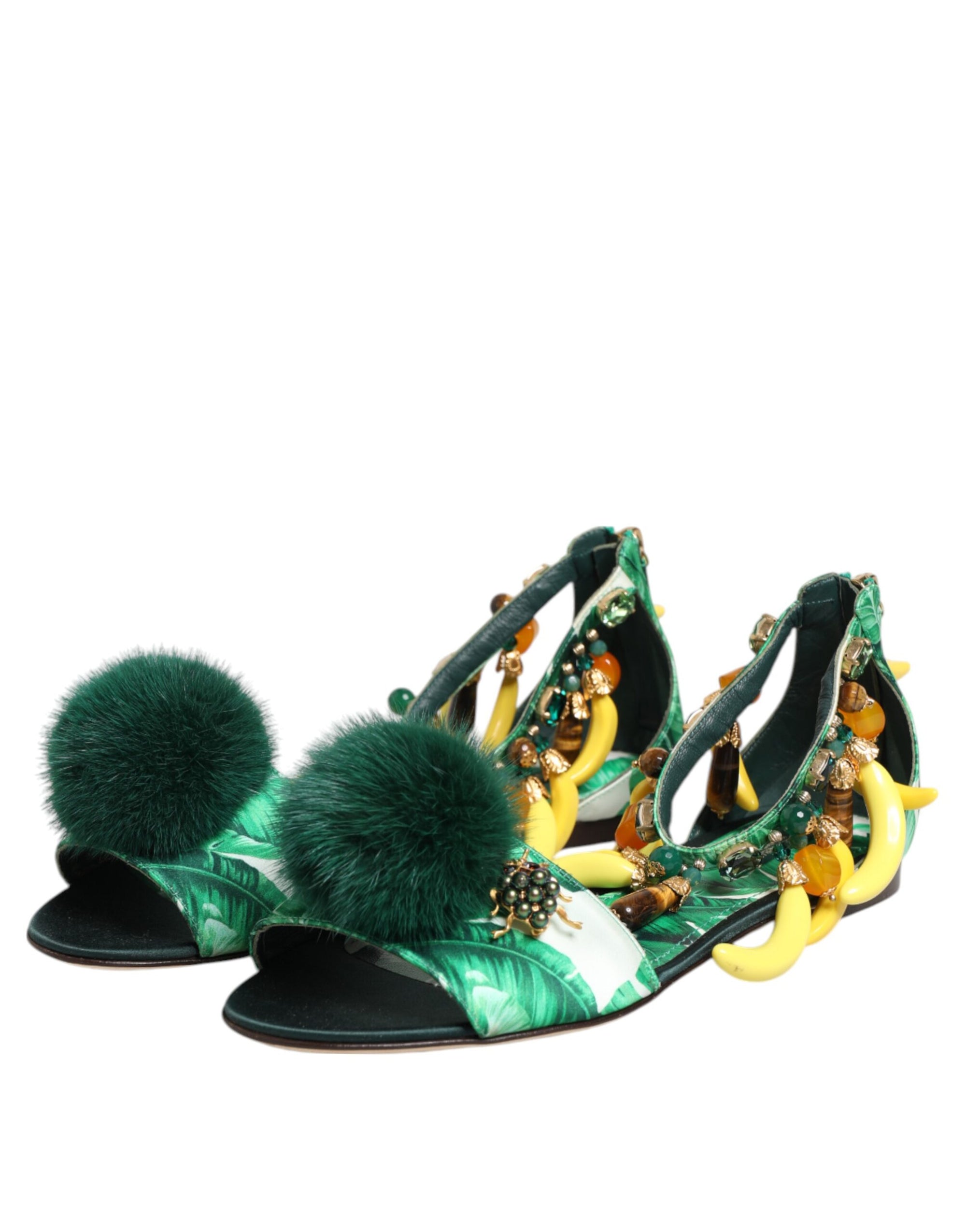 Dolce &amp; Gabbana Green Mink Fur Satin Banana Leaf Sandals Shoes