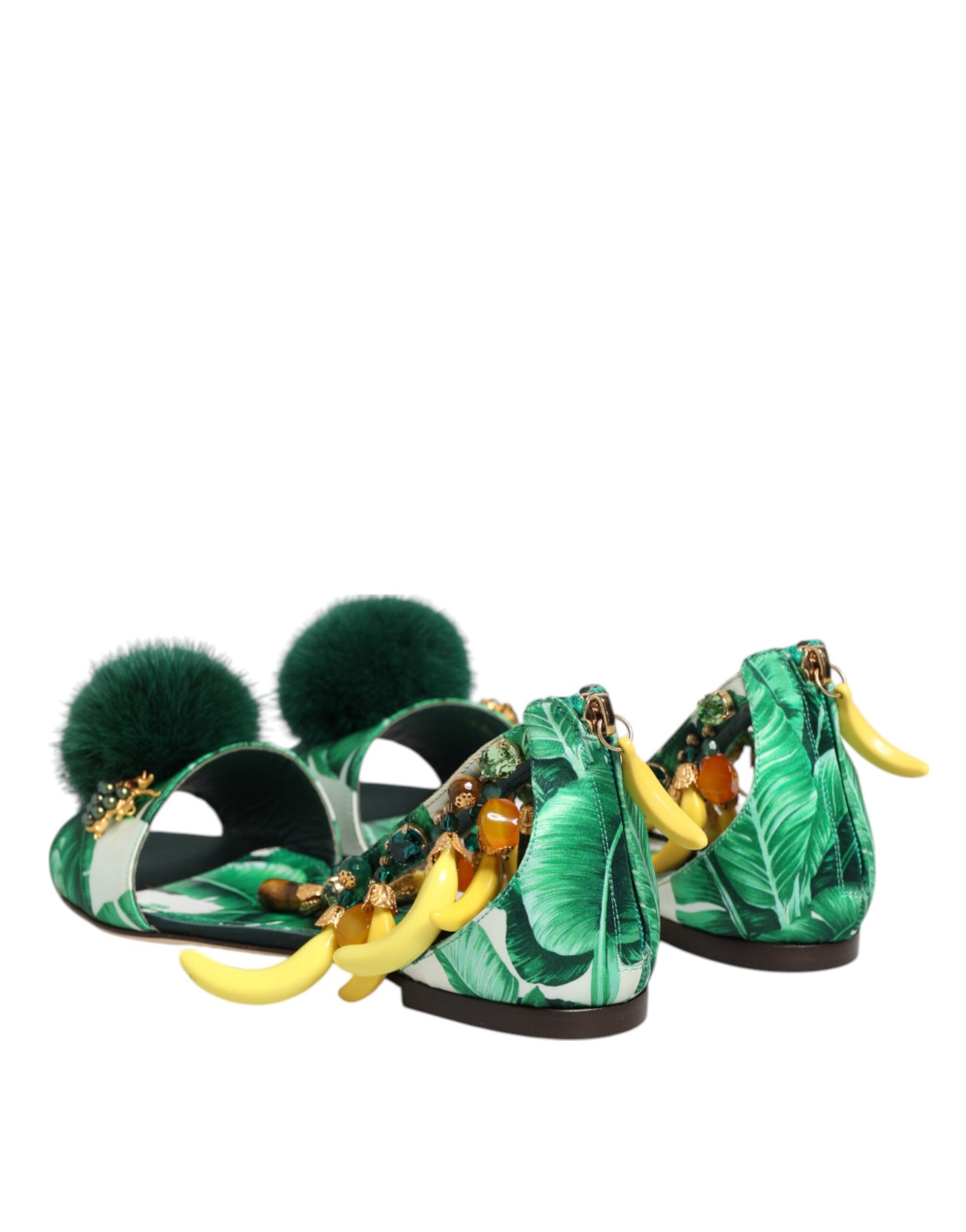 Dolce &amp; Gabbana Green Mink Fur Satin Banana Leaf Sandals Shoes