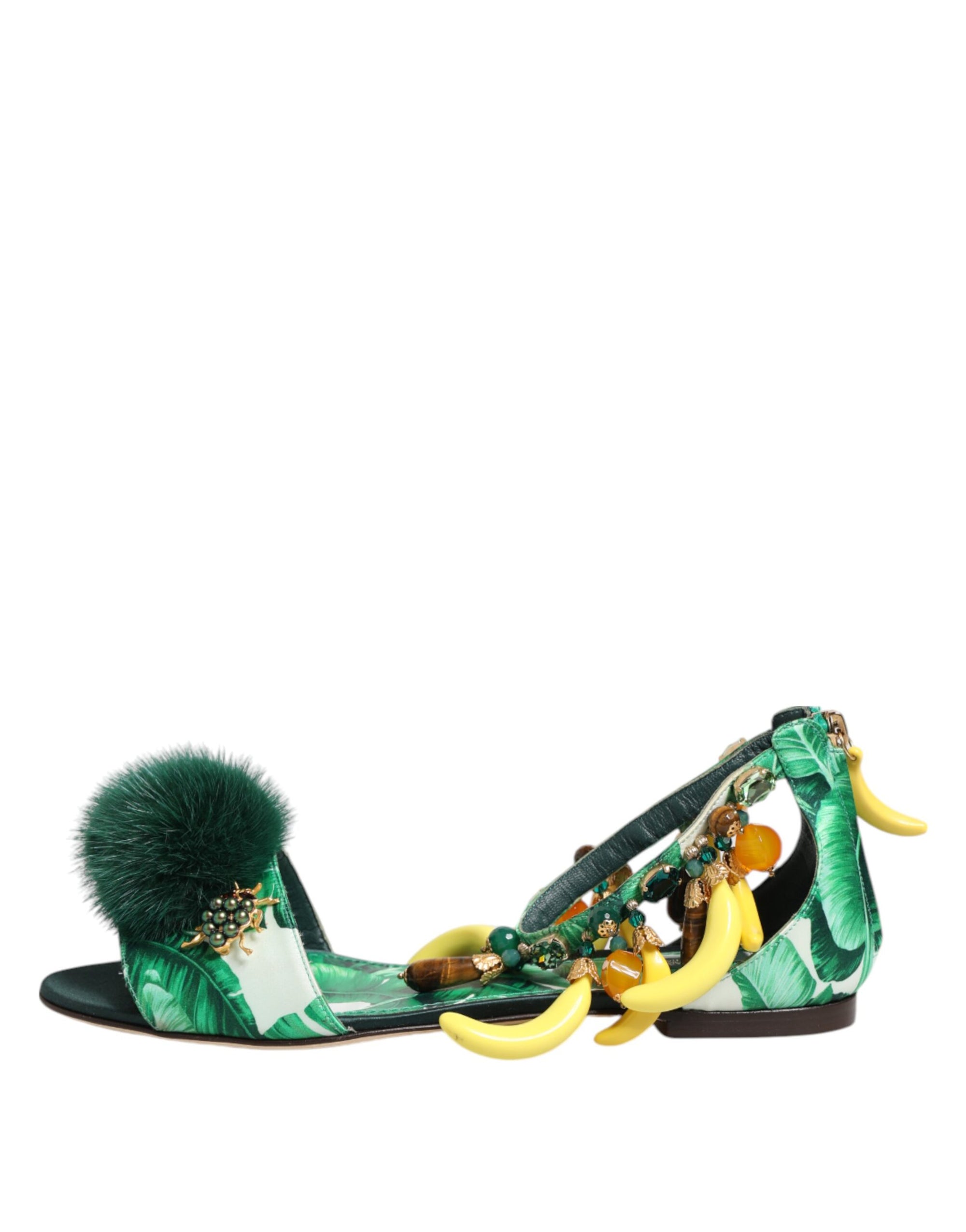 Dolce &amp; Gabbana Green Mink Fur Satin Banana Leaf Sandals Shoes