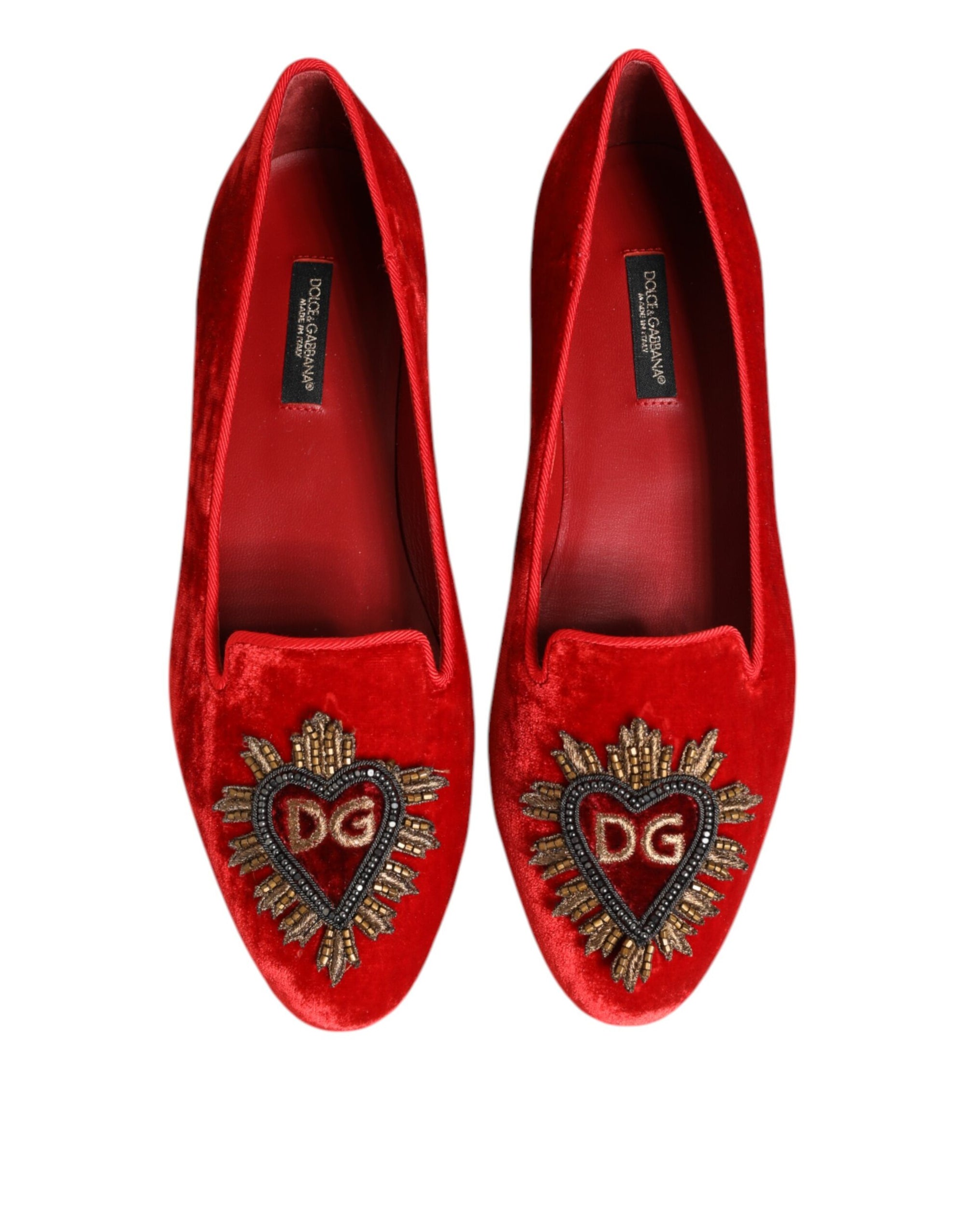 Dolce &amp; Gabbana Red Velvet DG Heart Loafers Flats Shoes