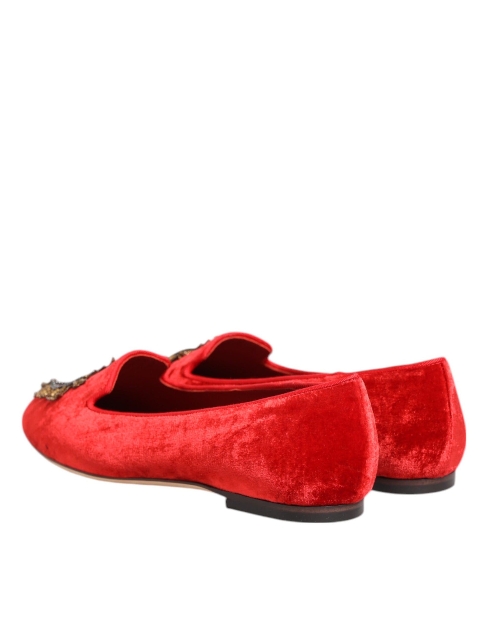 Dolce &amp; Gabbana Red Velvet DG Heart Loafers Flats Shoes