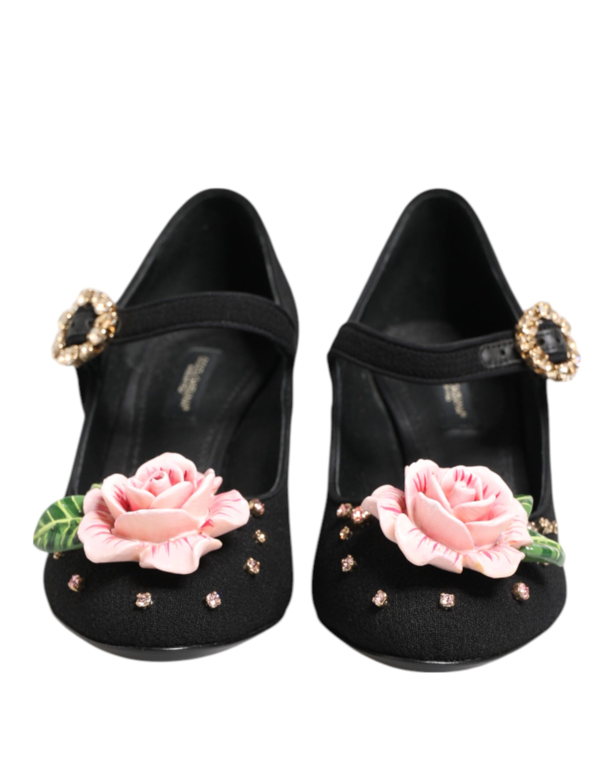 Dolce &amp; Gabbana Black Flower Crystal Embellished Mary Jane Shoes