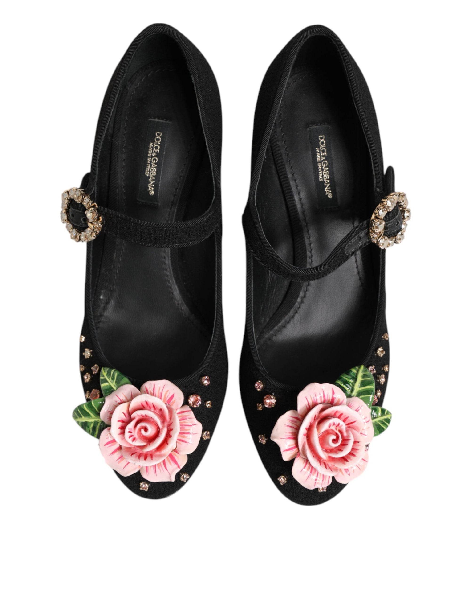 Dolce &amp; Gabbana Black Flower Crystal Embellished Mary Jane Shoes