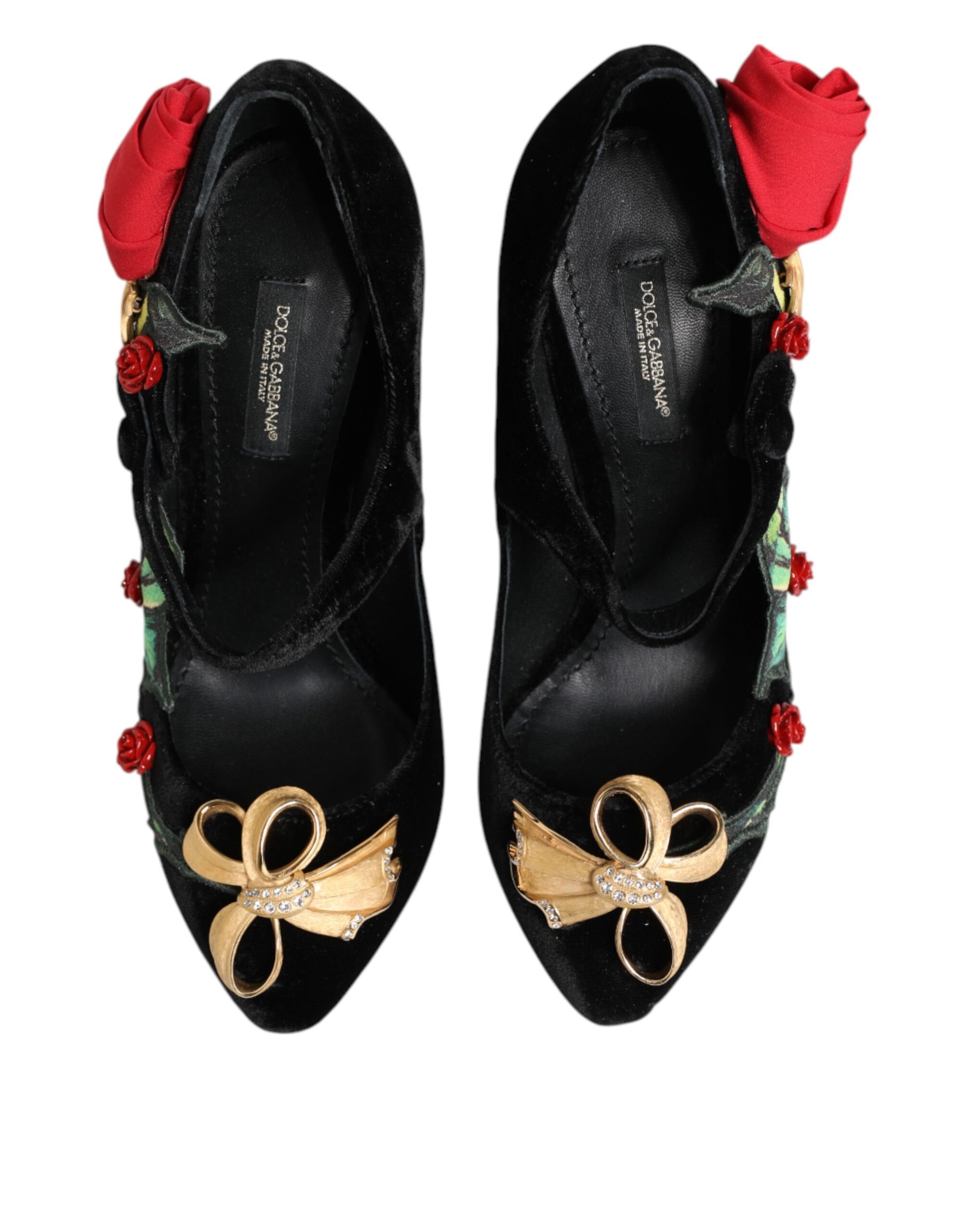 Dolce &amp; Gabbana Black Roses Crystal Brooch Mary Jane Shoes