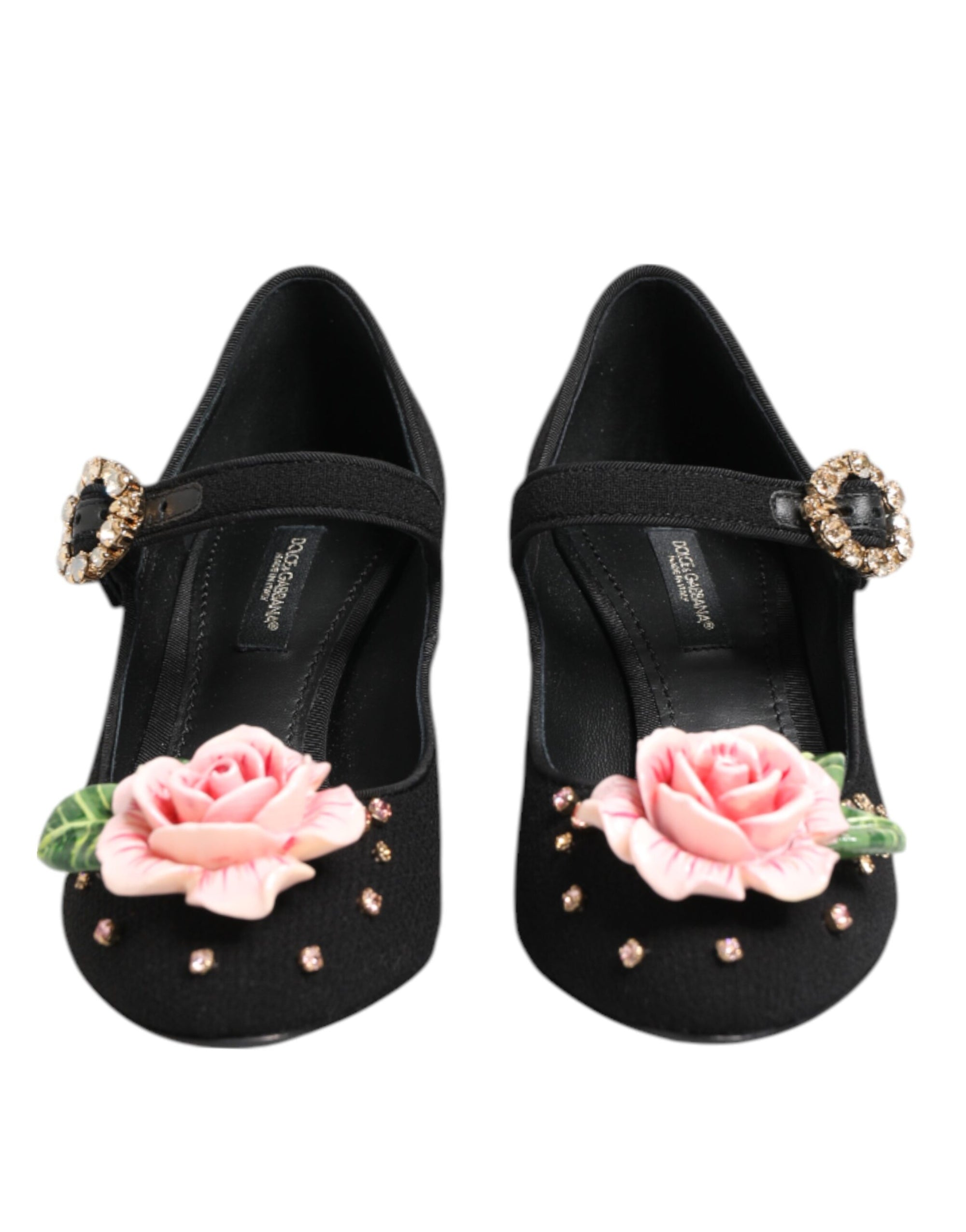 Dolce &amp; Gabbana Black Flower Crystal Embellished Mary Jane Shoes