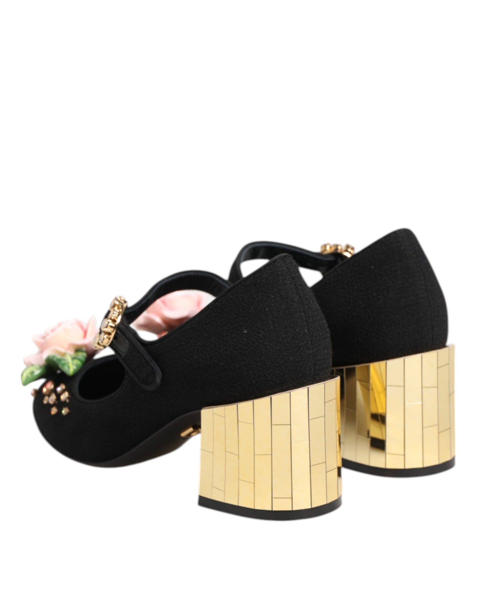 Dolce &amp; Gabbana Black Flower Crystal Embellished Mary Jane Shoes
