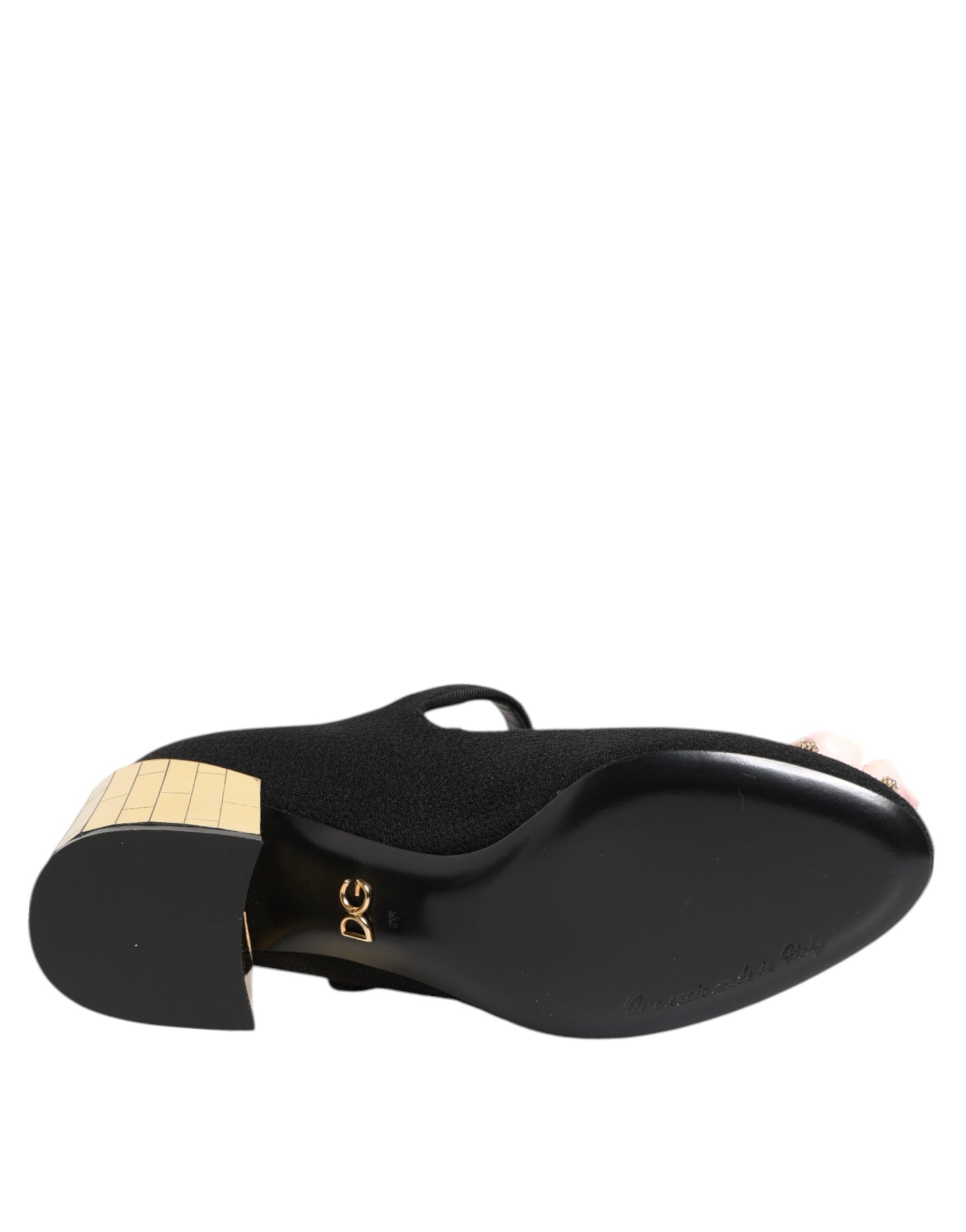 Dolce &amp; Gabbana Black Flower Crystal Embellished Mary Jane Shoes