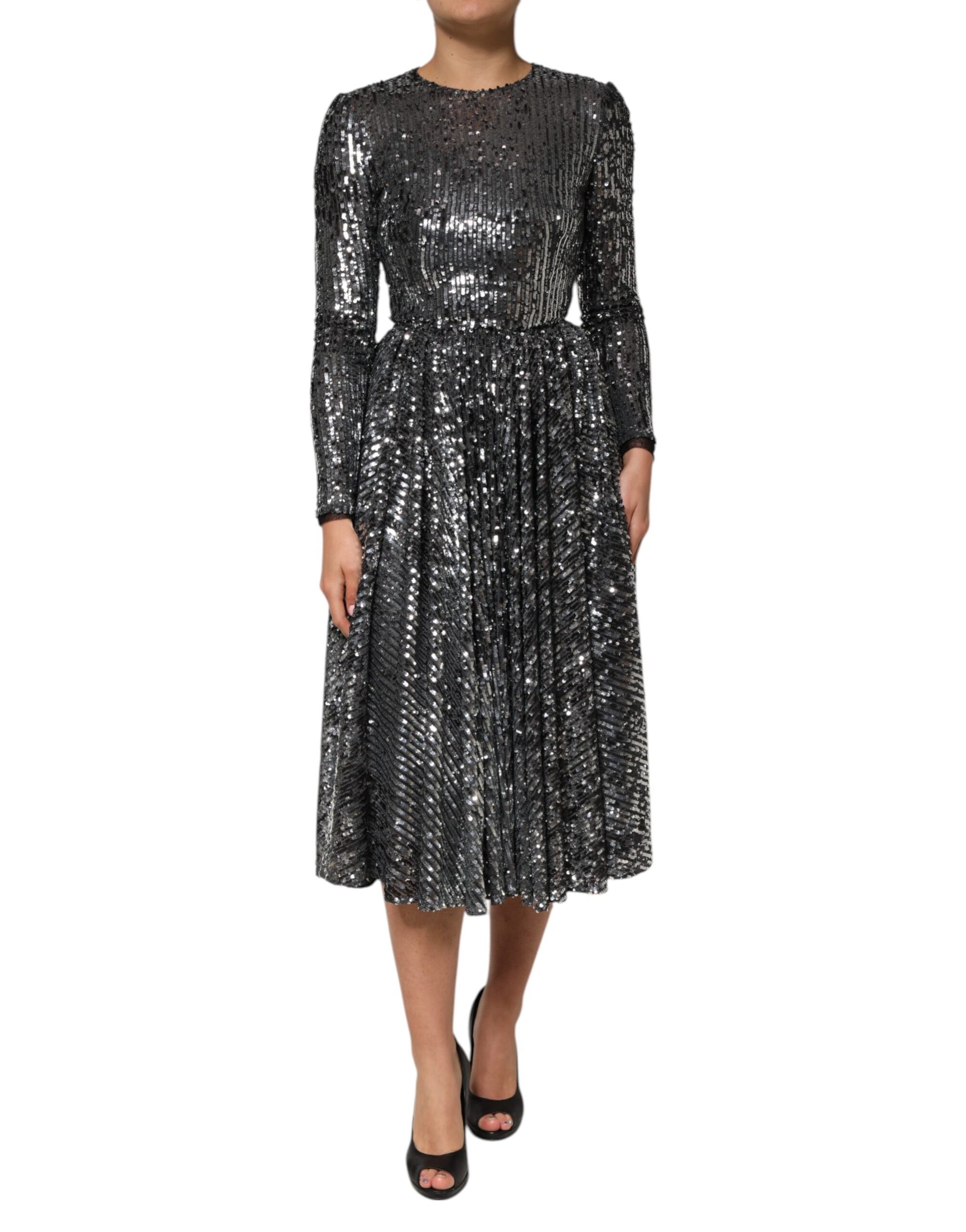 Dolce &amp; Gabbana Black Sequined Long Sleeves Midi A-line  Dress