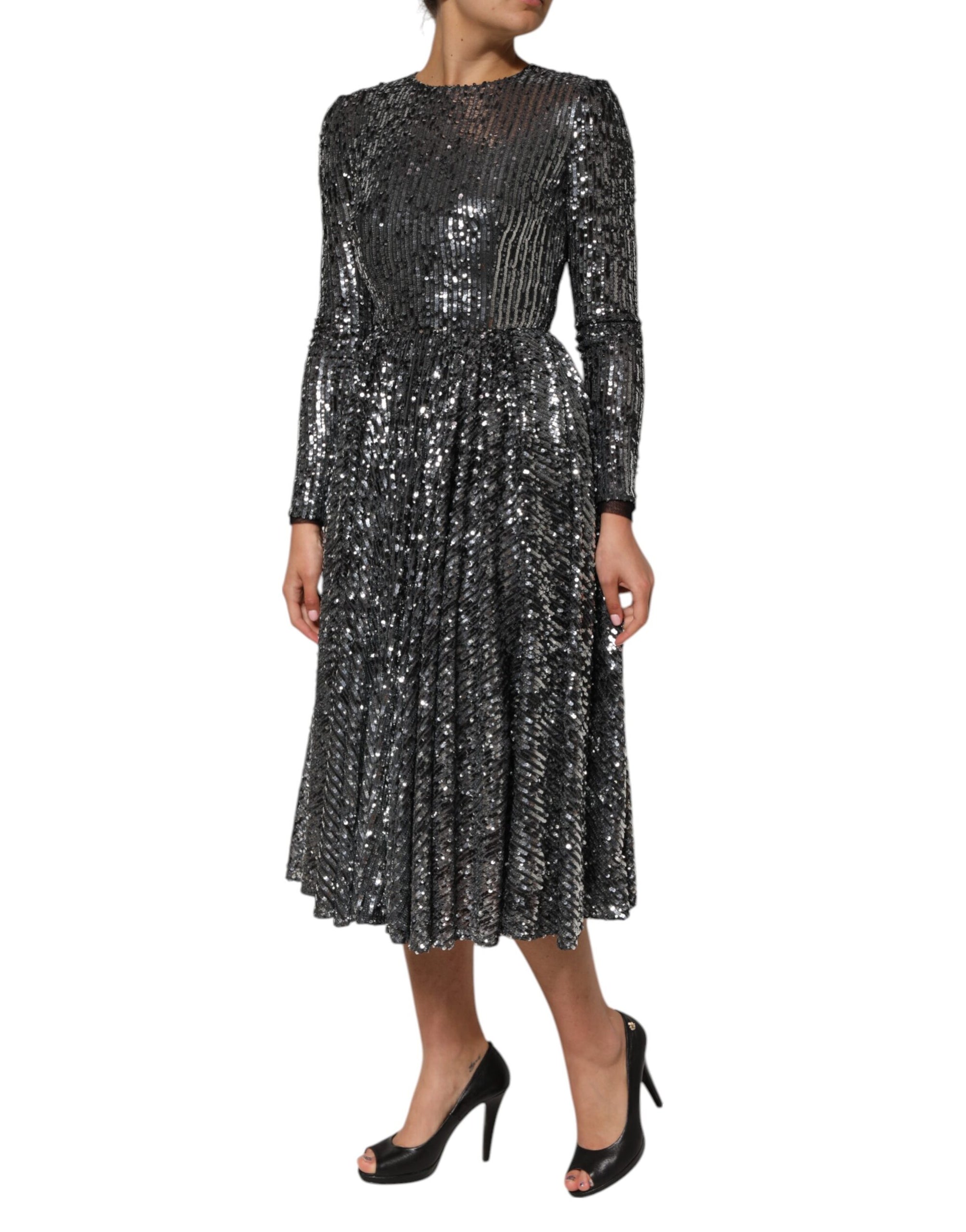 Dolce &amp; Gabbana Black Sequined Long Sleeves Midi A-line  Dress