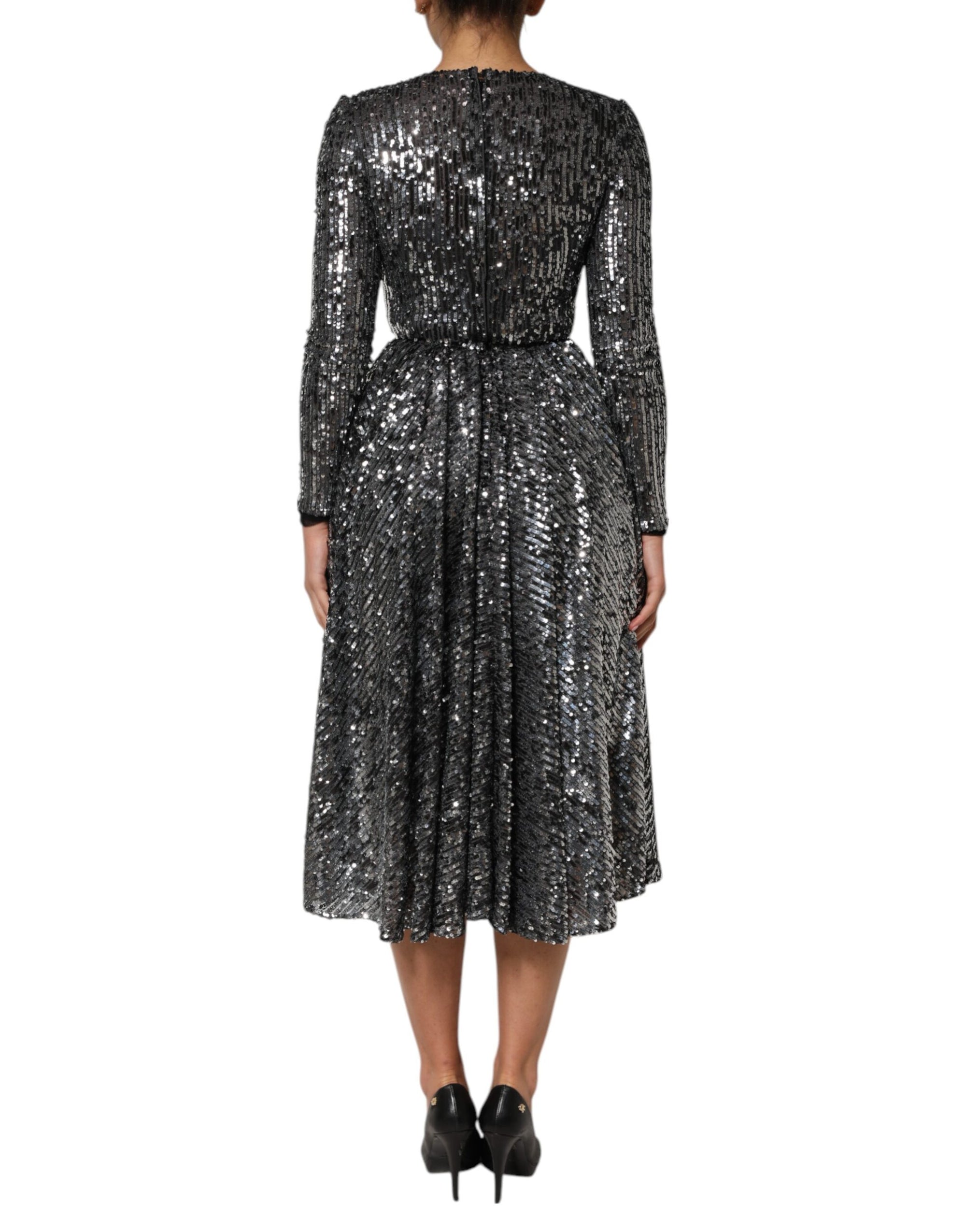 Dolce &amp; Gabbana Black Sequined Long Sleeves Midi A-line  Dress