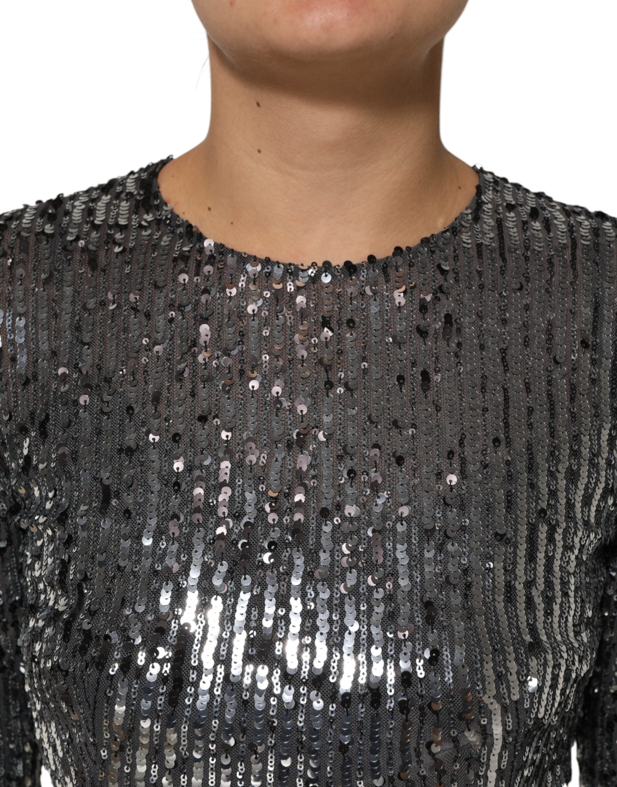 Dolce &amp; Gabbana Black Sequined Long Sleeves Midi A-line  Dress