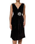 Dolce & Gabbana Black Velvet Flower Embellishment Aline Dress
