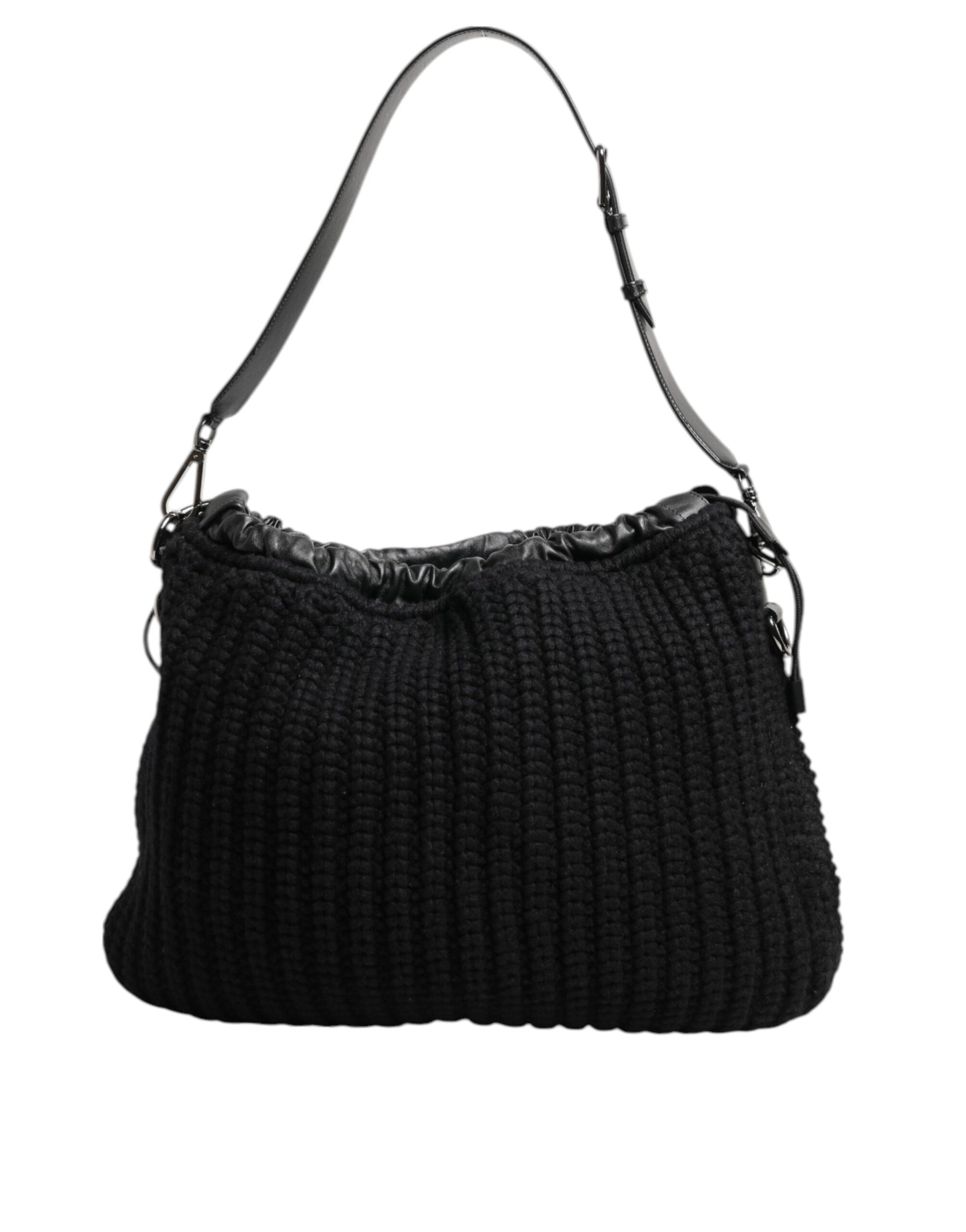 Dolce &amp; Gabbana Black Cashmere Knitted Leather Shoulder Women Borse Bag