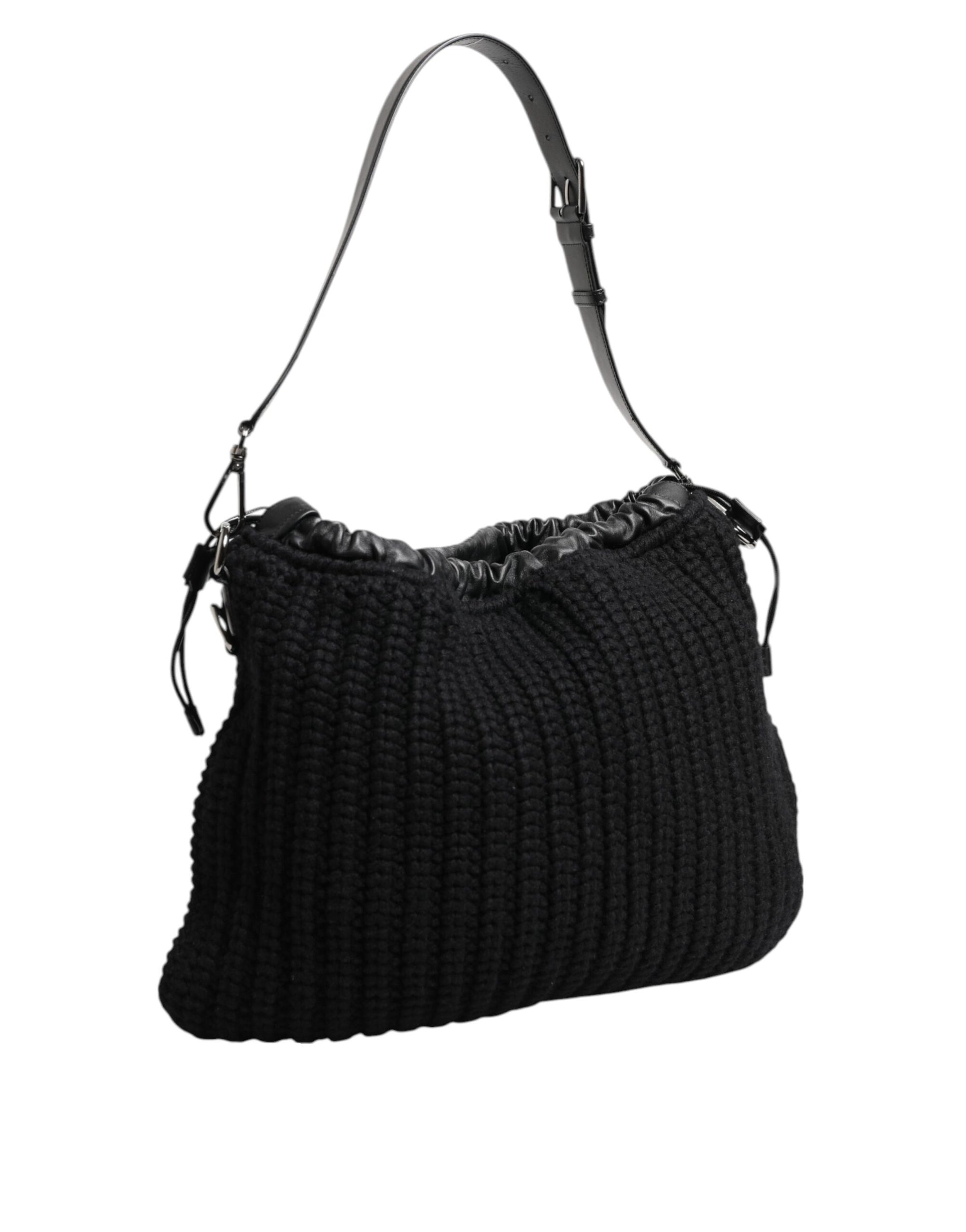 Dolce &amp; Gabbana Black Cashmere Knitted Leather Shoulder Women Borse Bag
