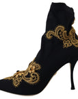 Dolce & Gabbana Black Gold Embroidery Crystal Boots Shoes