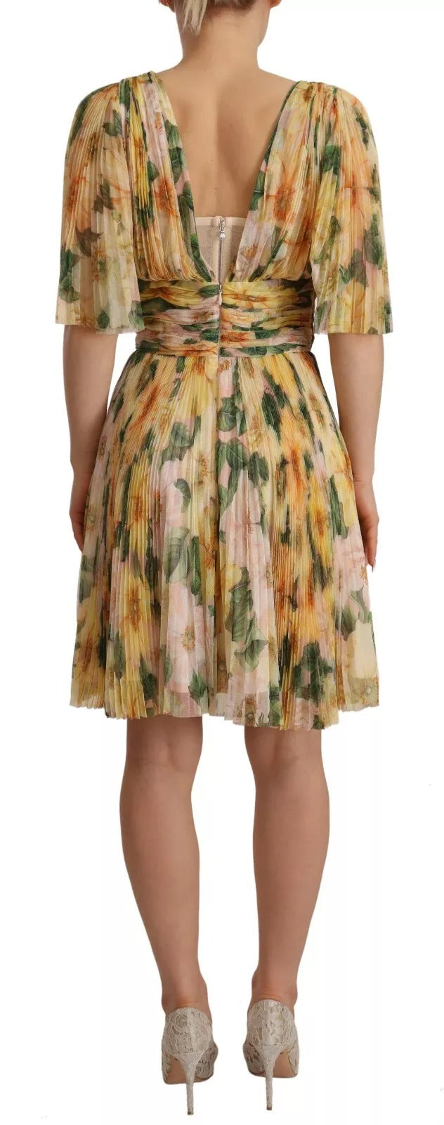 Dolce &amp; Gabbana Yellow Floral Print Pleated Maxi Dress