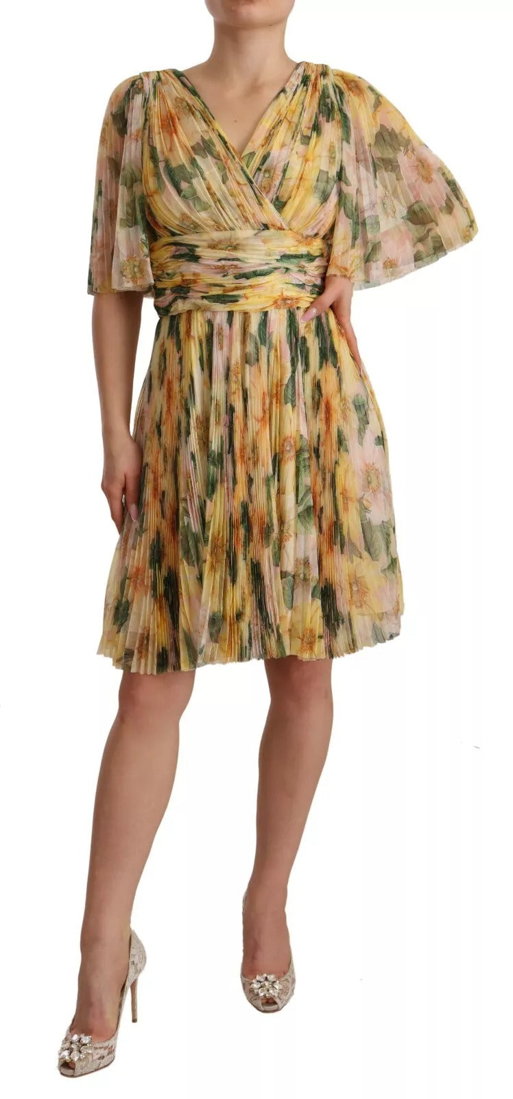 Dolce &amp; Gabbana Yellow Floral Print Pleated Maxi Dress