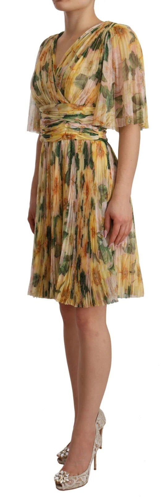 Dolce &amp; Gabbana Yellow Floral Print Pleated Maxi Dress