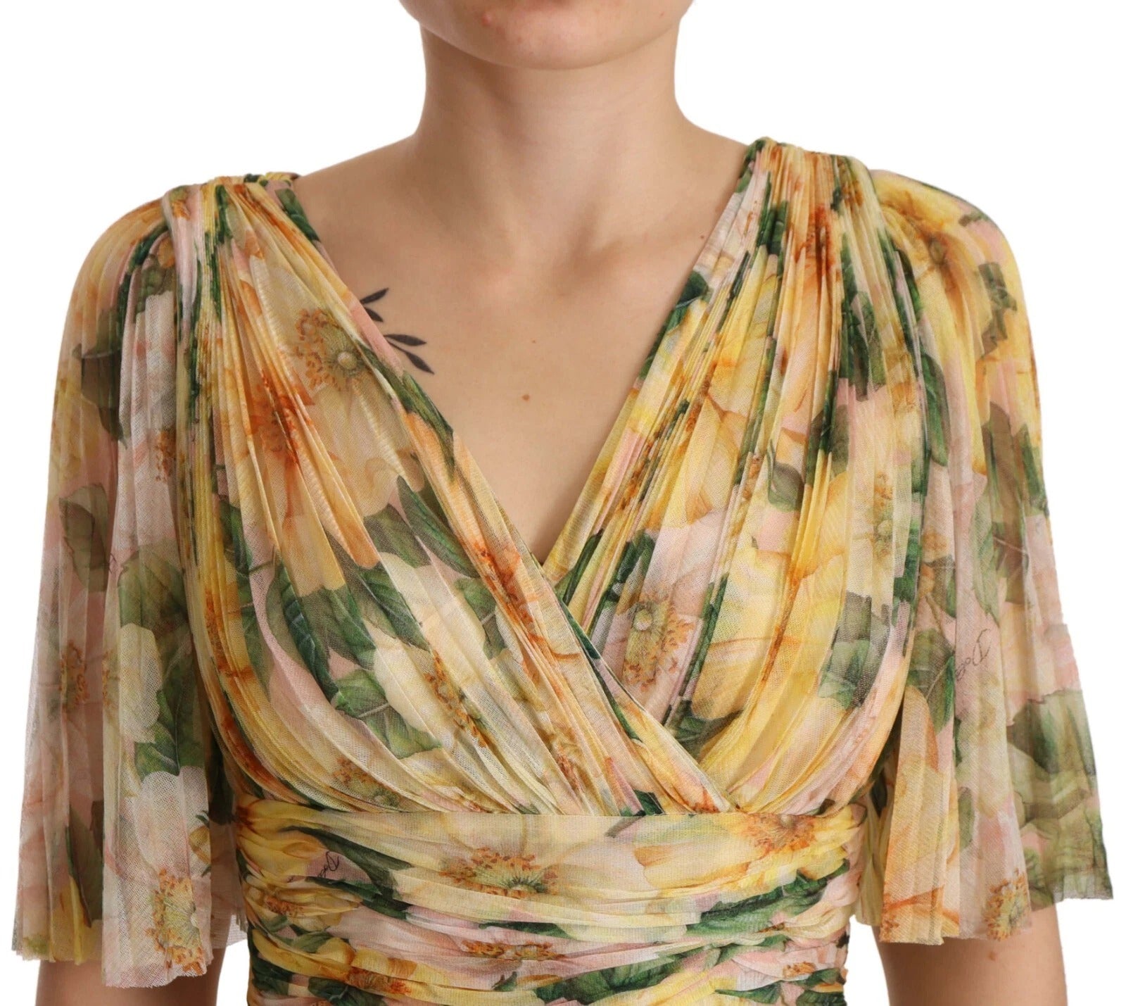 Dolce &amp; Gabbana Yellow Floral Print Pleated Maxi Dress