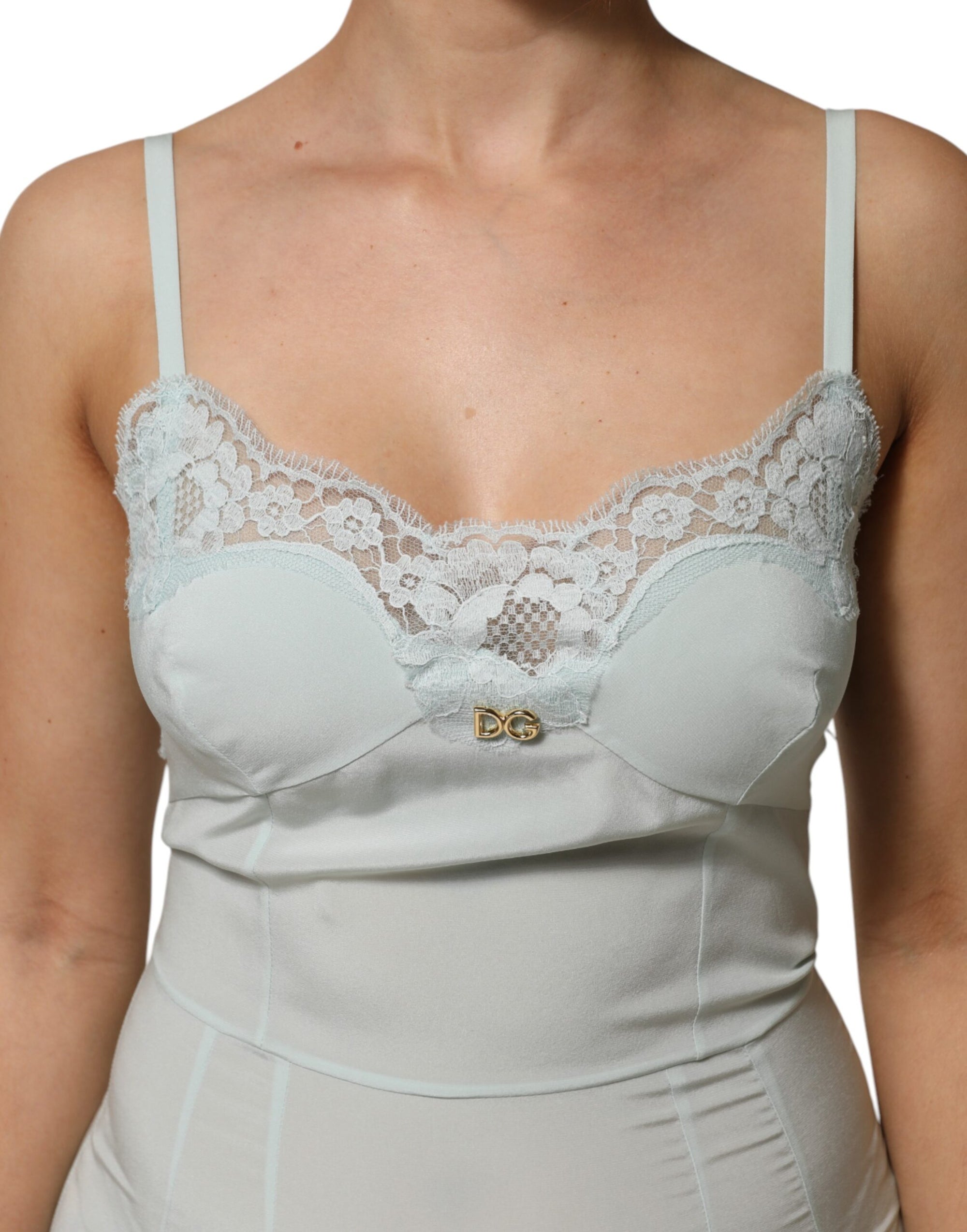 Dolce &amp; Gabbana Light Blue Silk Lace Midi Bodycon Slip Dress