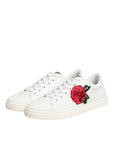 Dolce & Gabbana White Leather Rose Embroidery Low-Top  Shoes