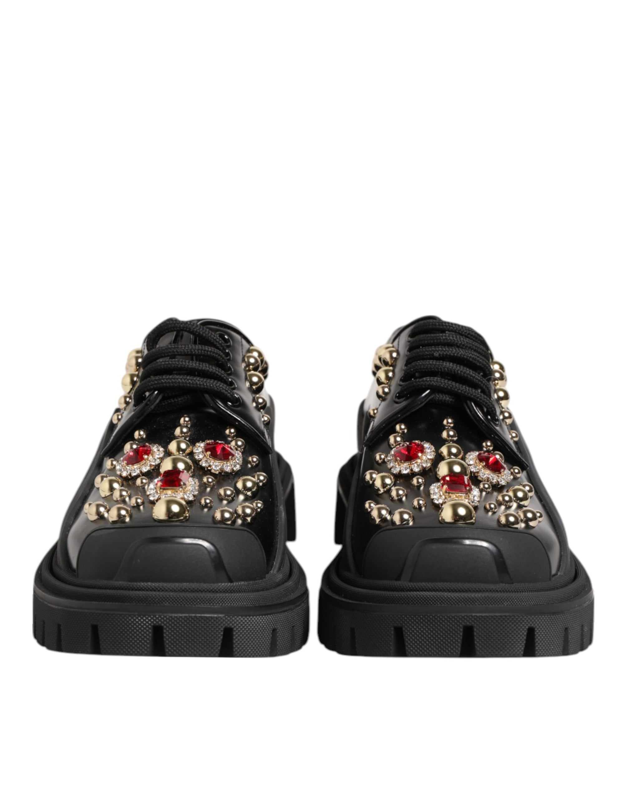Dolce &amp; Gabbana Black Leather Jeweled Crystals Derby Shoes