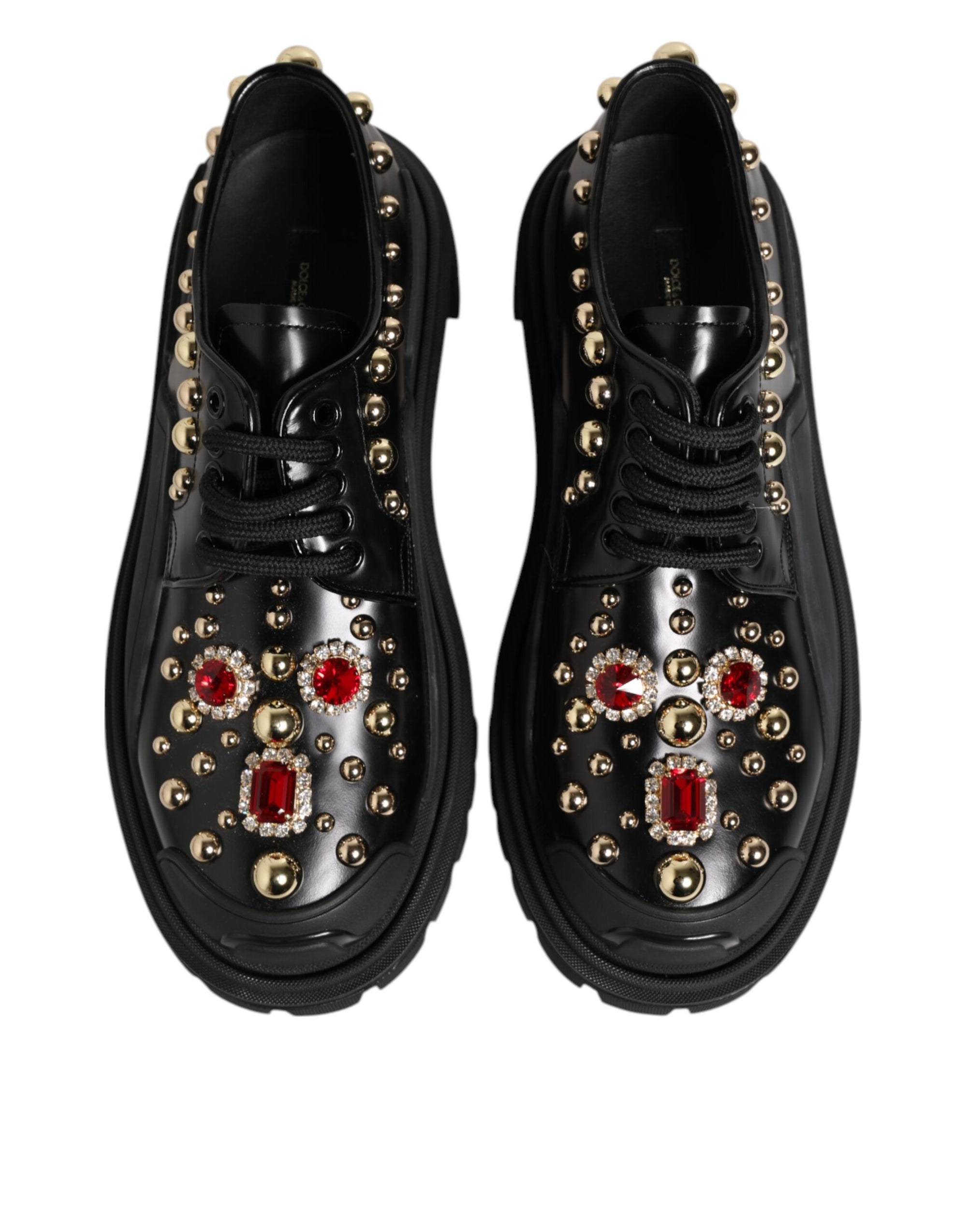 Dolce &amp; Gabbana Black Leather Jeweled Crystals Derby Shoes