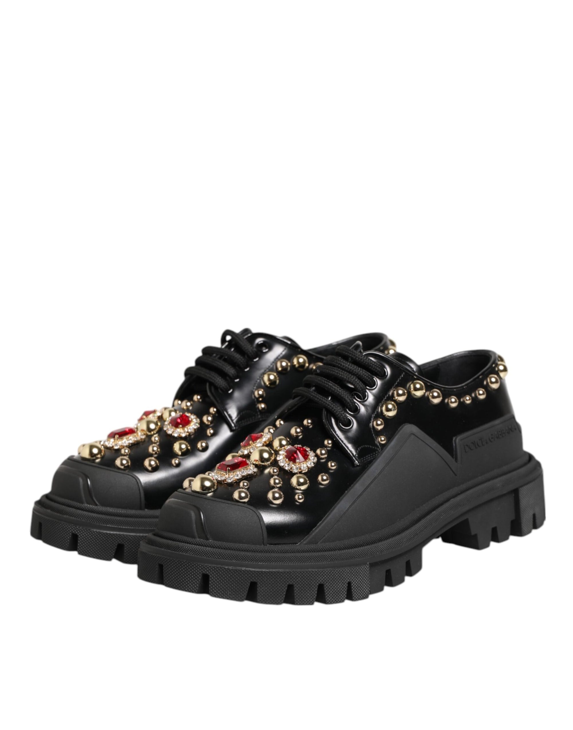 Dolce &amp; Gabbana Black Leather Jeweled Crystals Derby Shoes