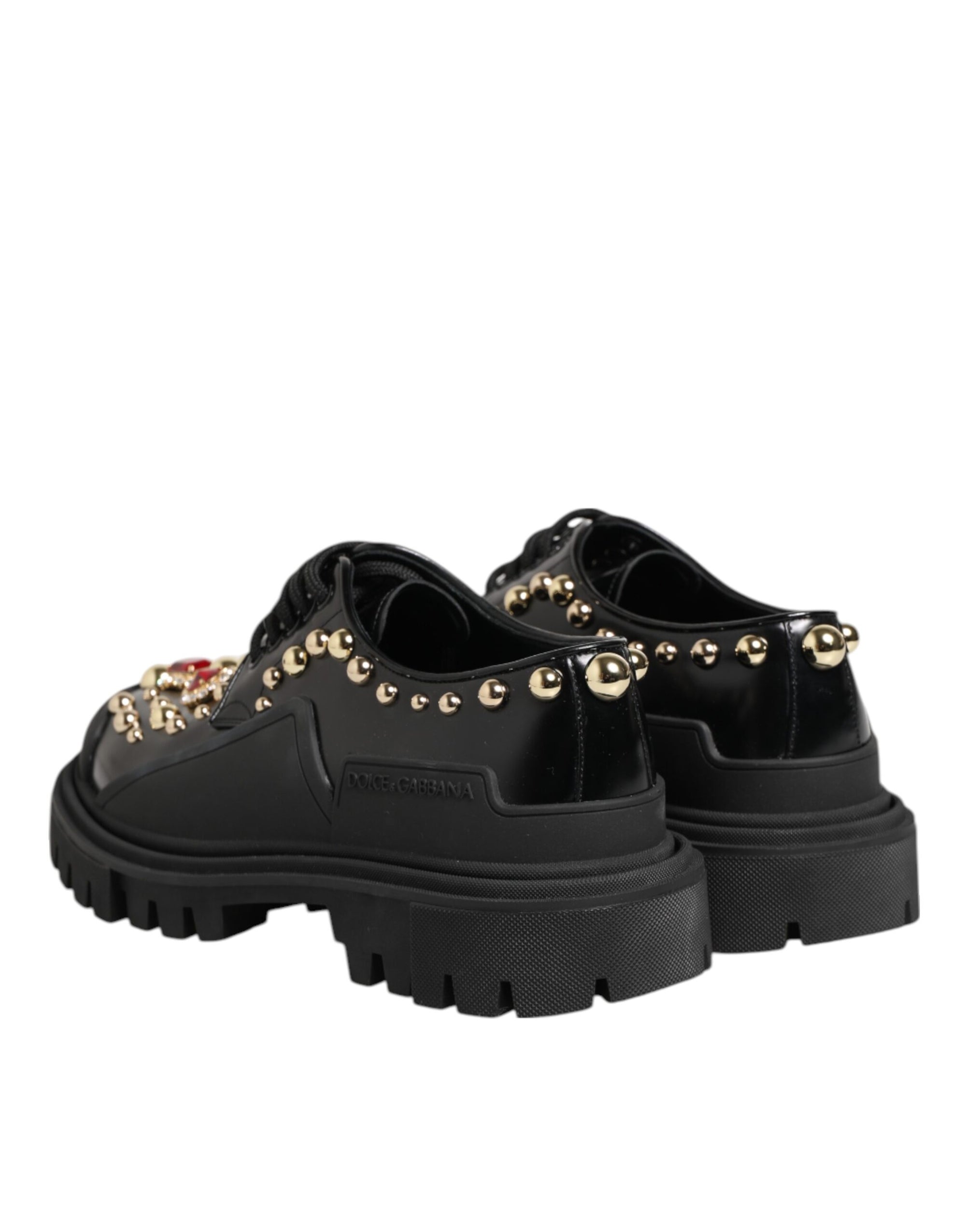 Dolce &amp; Gabbana Black Leather Jeweled Crystals Derby Shoes