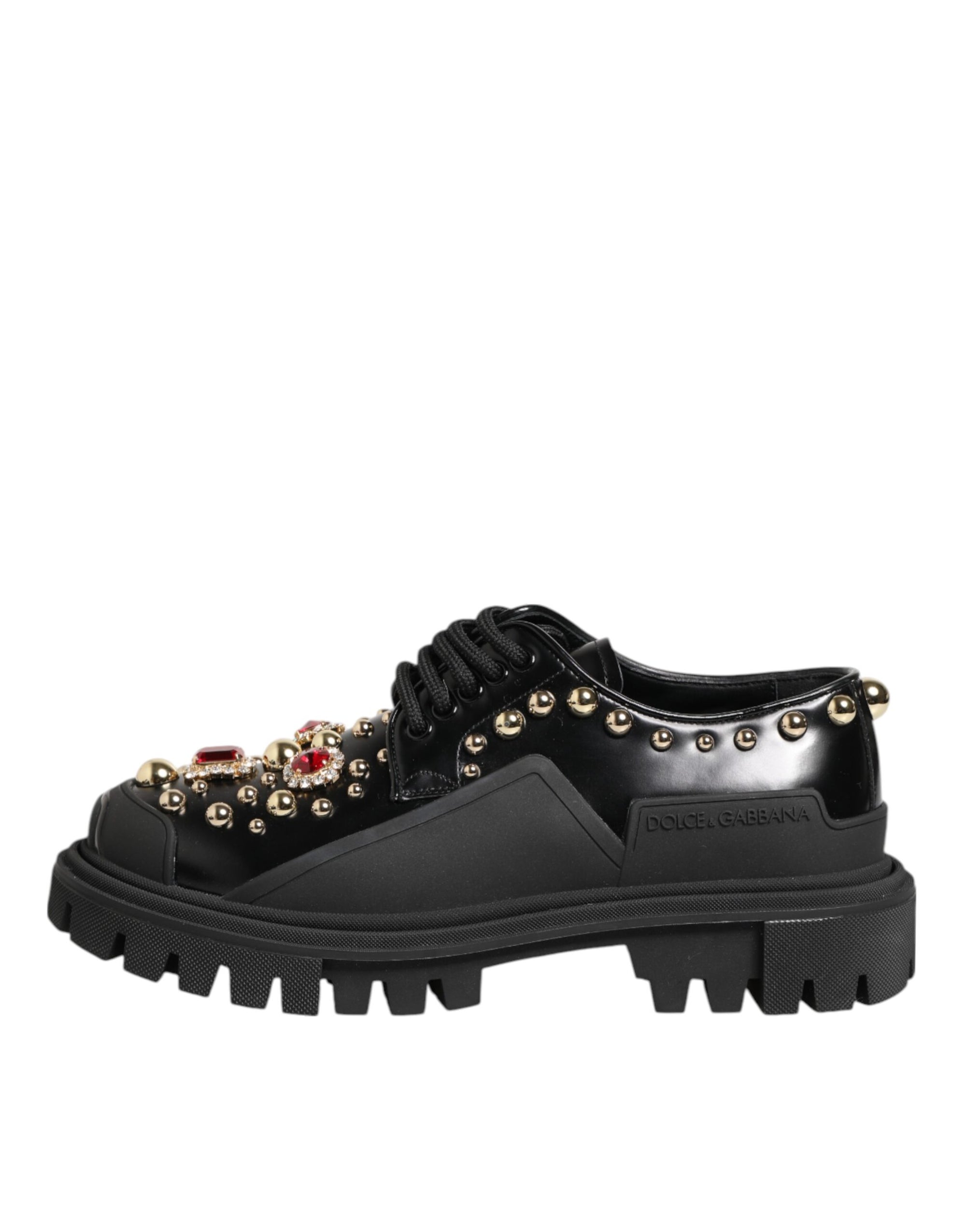 Dolce &amp; Gabbana Black Leather Jeweled Crystals Derby Shoes