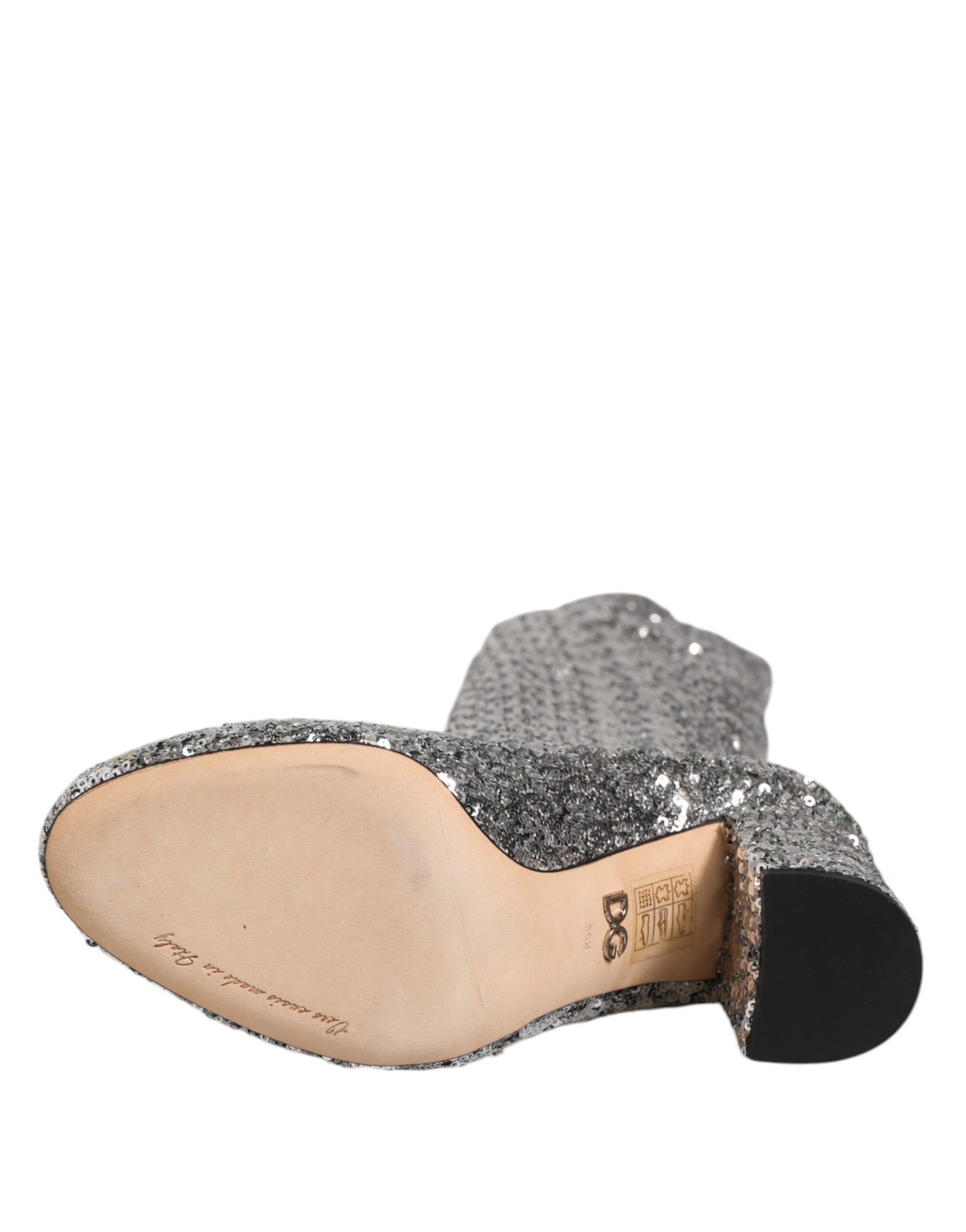 Dolce &amp; Gabbana Shoes Silver Sequins Glitter High Heel Boot Shoes