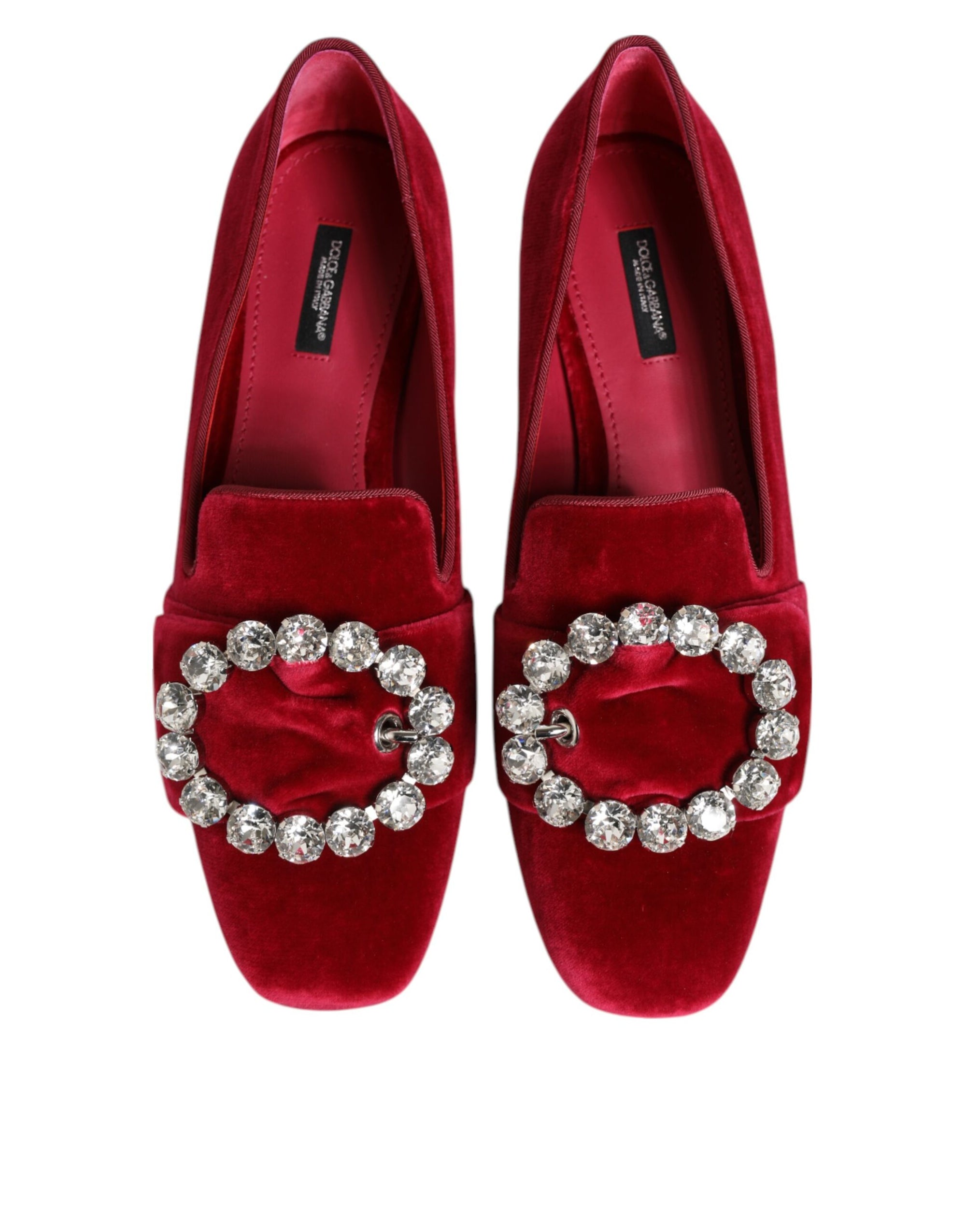 Dolce &amp; Gabbana Red Velvet Crystal Buckle Loafers Flats Shoes